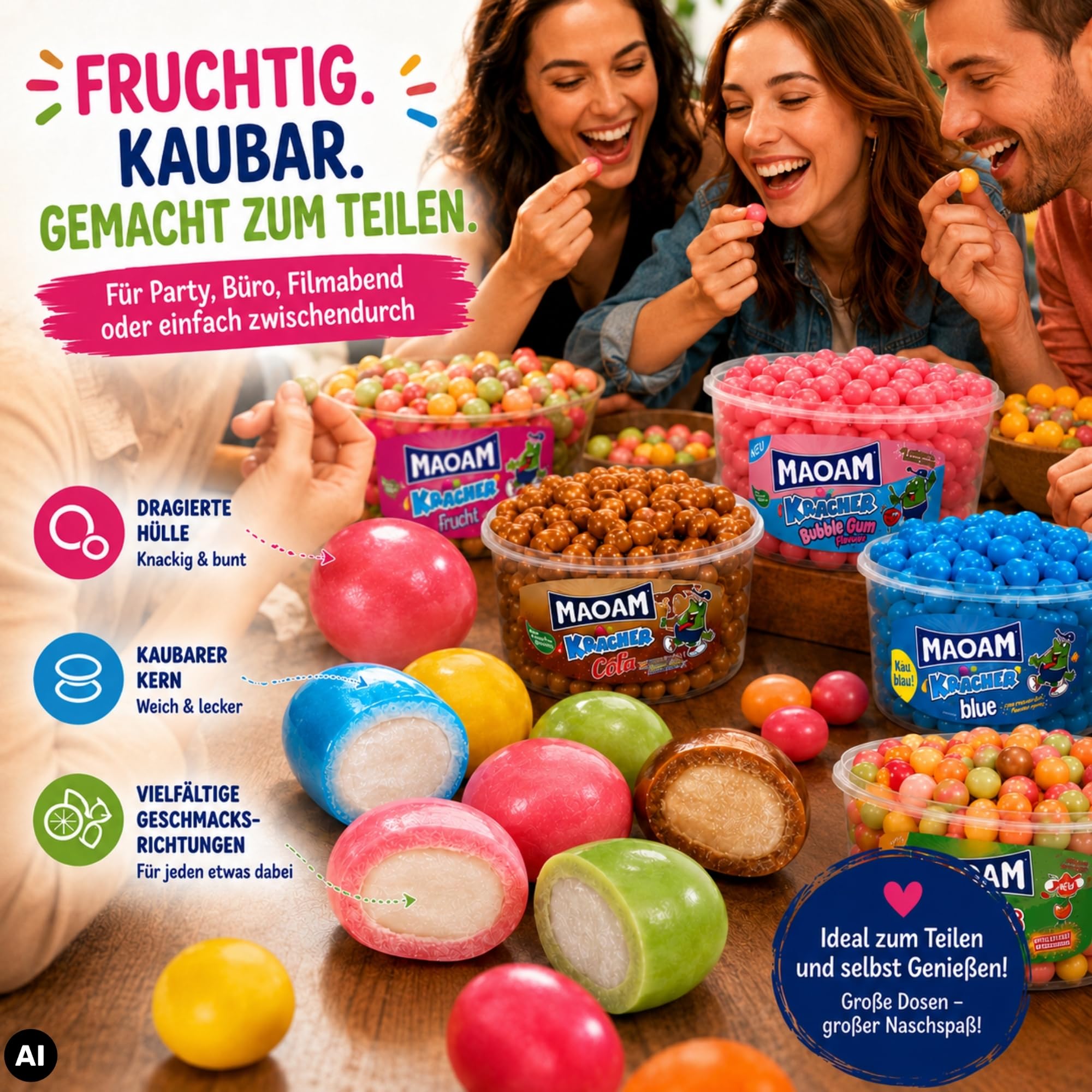 HLKauf Bundle Maoam Kracher: 3er Set Cola, Pinballs & Blue Kaubonbon Süßigkeiten Sets für Büro, Party, Kindergeburtstag, Großpackung & Notizblock
