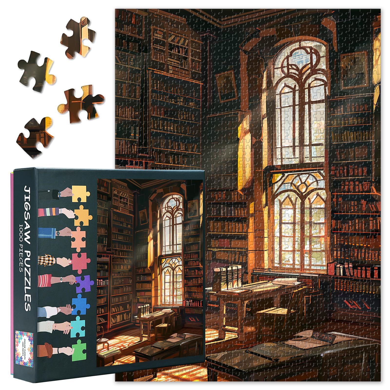 1000-Piece Puzzle – A Sunlit Library with Bookshelves and a Large Window -The for Puzzle Lovers, 50x70cm Finished Size, Hours of Enjoyment