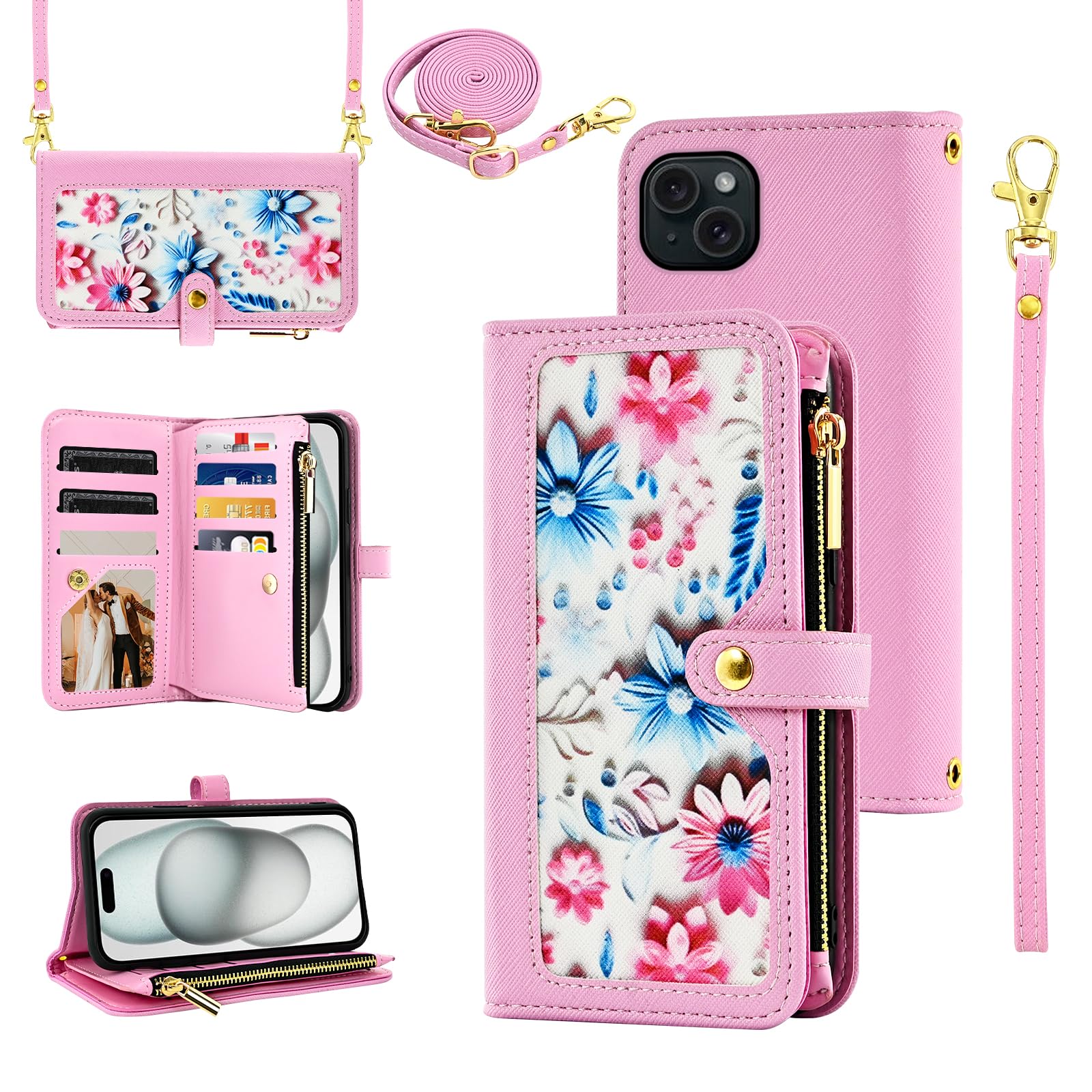 Furiet Floral Wallet Case for iPhone 15 Plus 6.7 inch with Wrist Strap Shoulder Strap Flip Zipper Purse, Luxury PU Leather Credit ID Card Holder Stand