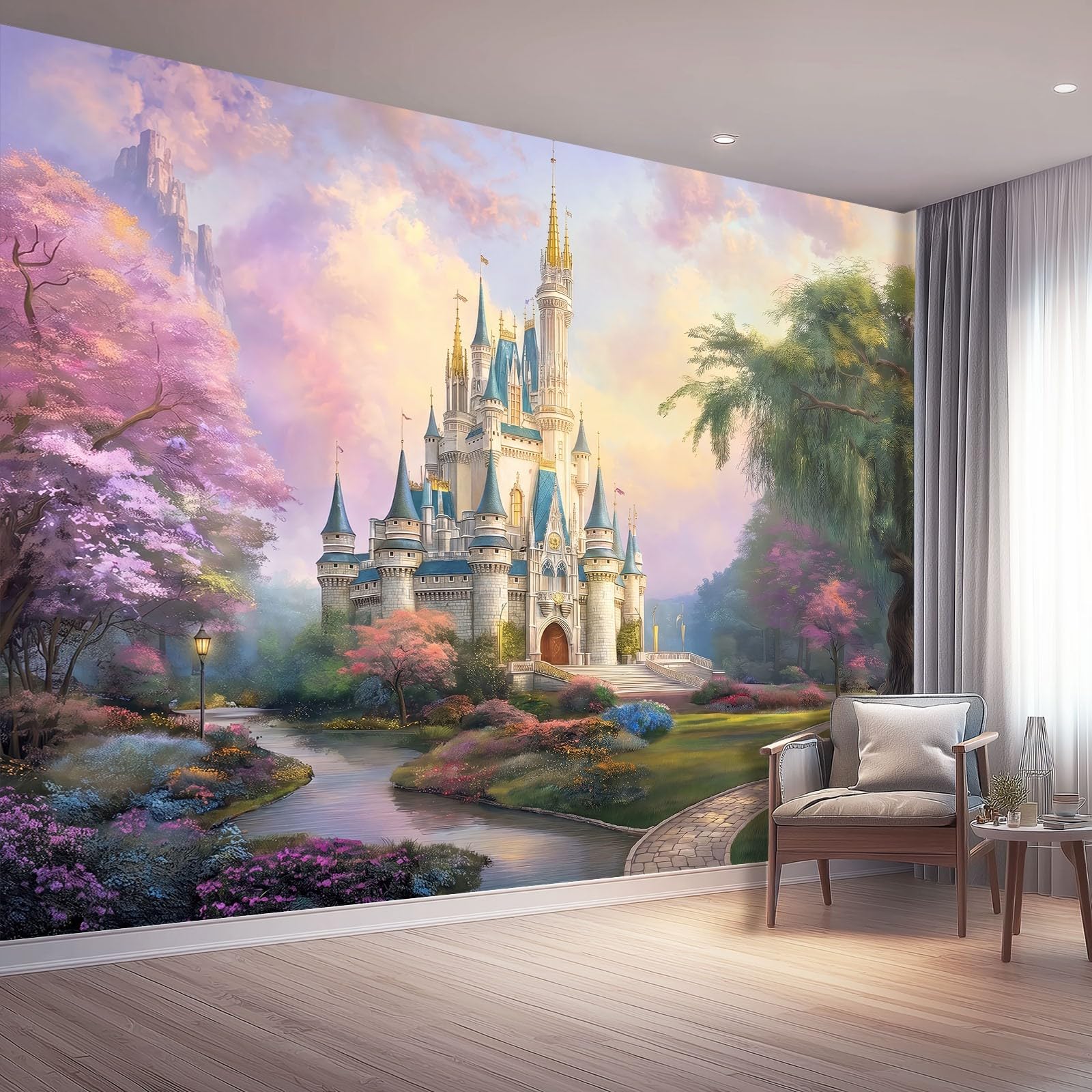 Papier peint panoramique intissé 250 x 175 cm château fleurs pour tapisserie chambre