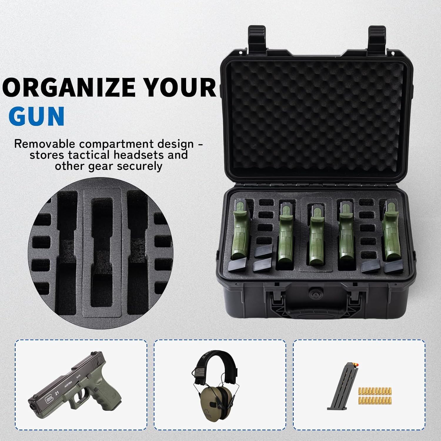 5 Pistol & 14 Magazine Case TSA Approved Pistol Case Hard Shell Waterproof with Customizable Pre-cut Foam Insert - Travel Gun Case for Gun Case 9mm - Image 2