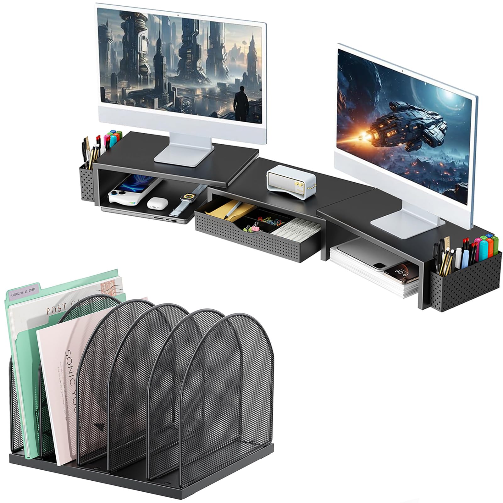 gianotter Dual Monitor Stand Riser + Desk Organizer with 5 Compartments (Black)