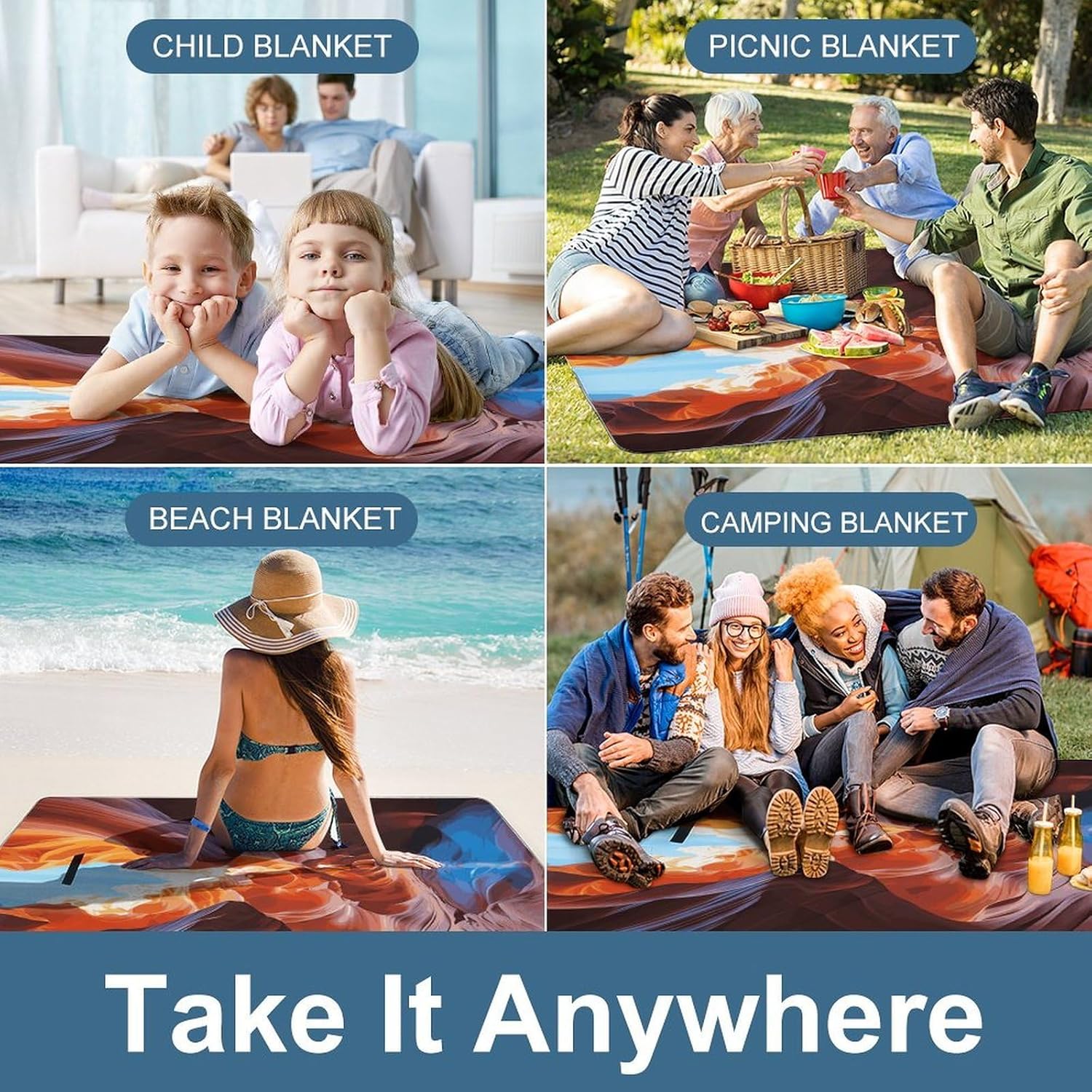 Antelope Canyon Waterproof Picnic Blanket 58.3''x58.3'',Portable and Foldable Picnic Mat with Handle,Outdoor Blankets for Lawn Park Beach Travel