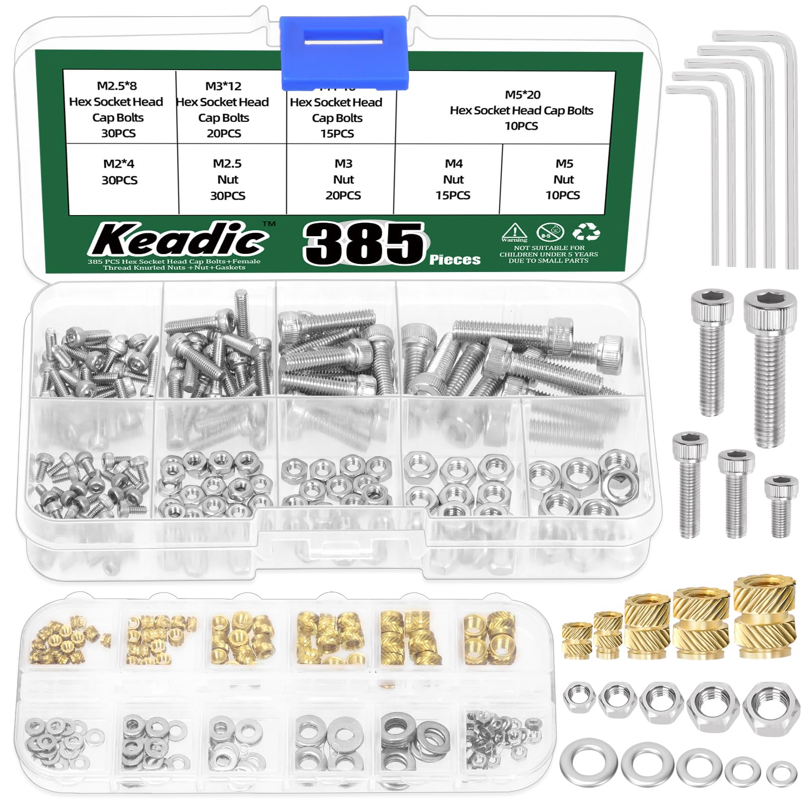 Keadic 385PCS Threaded Inserts M2, M5 Brass Heat Set Insert, Hex Socket Head Cap Bolts Hex Nuts Washers Allen Wrenches