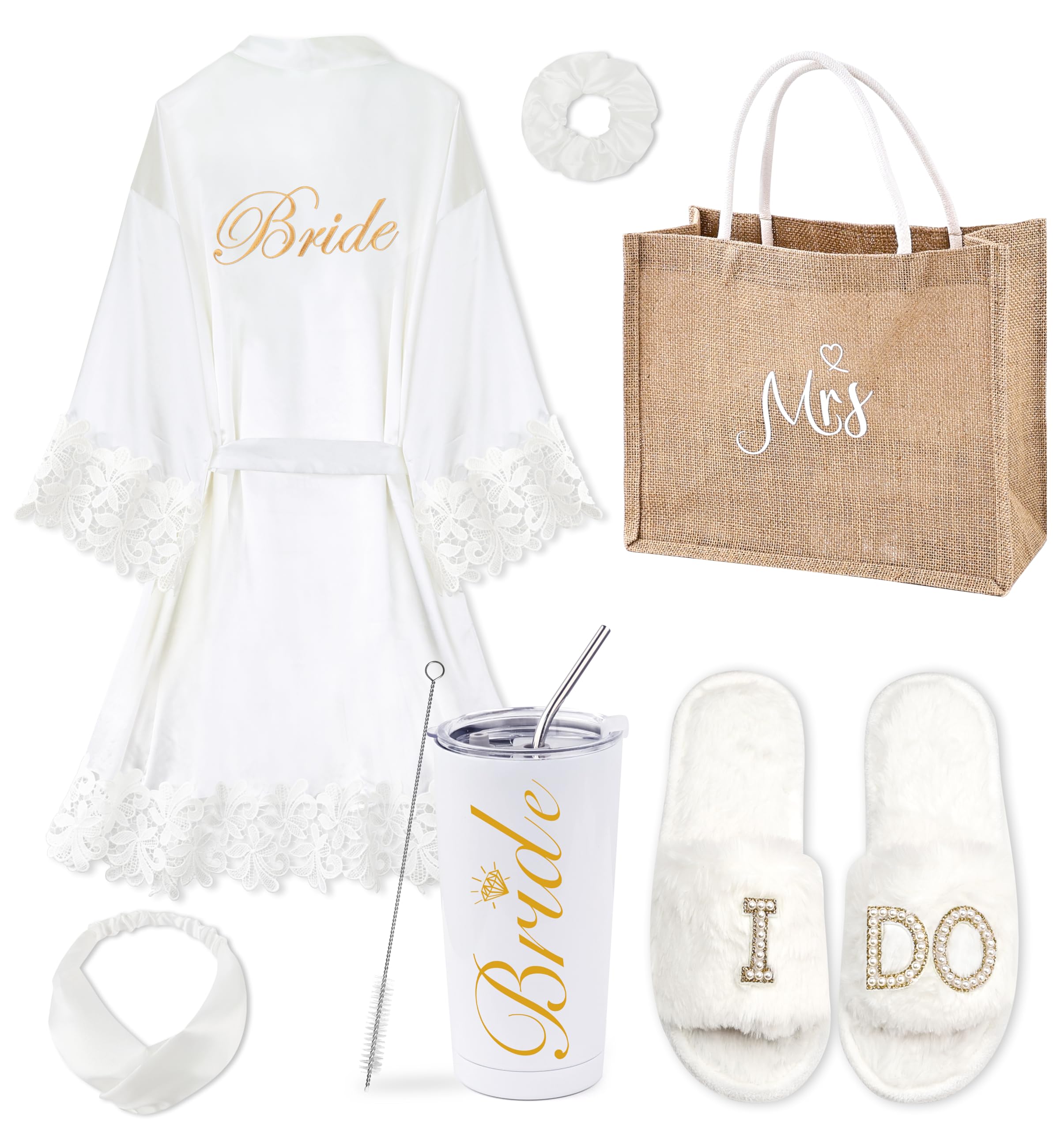 EPLAZA 6 Pcs Bride Robe for Wedding Day Set Bridal Robe with Slippers Tumbler Tote Lace Trim Wedding