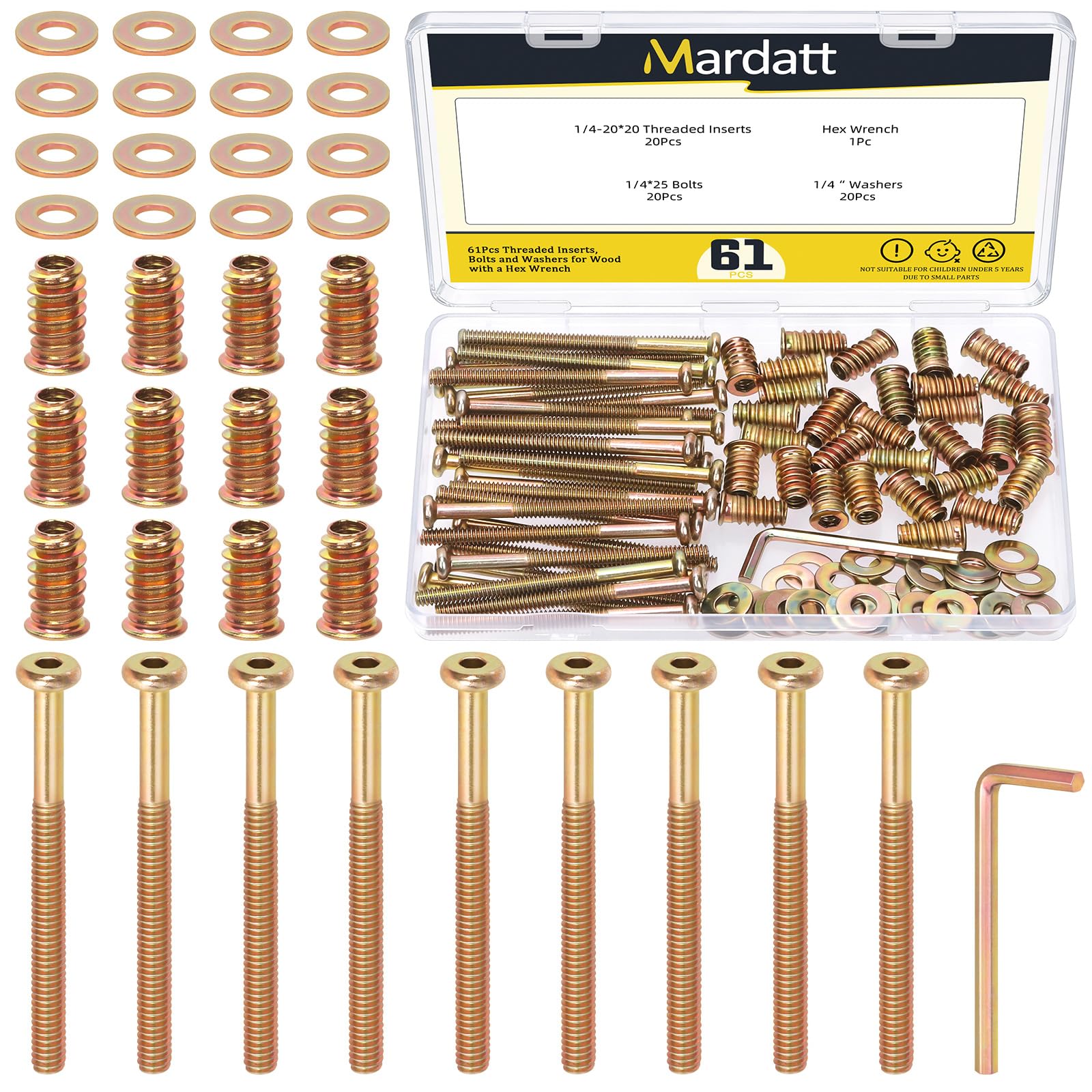 Mardatt 60PCS 1/4"-20 Threaded Inserts Kit, Yellow Zinc-plated Wood Inserts +1/4"x75mm Hex Socket Furniture Bolts+1/4” Washers+Wrench for Woodworking Fastener Connector