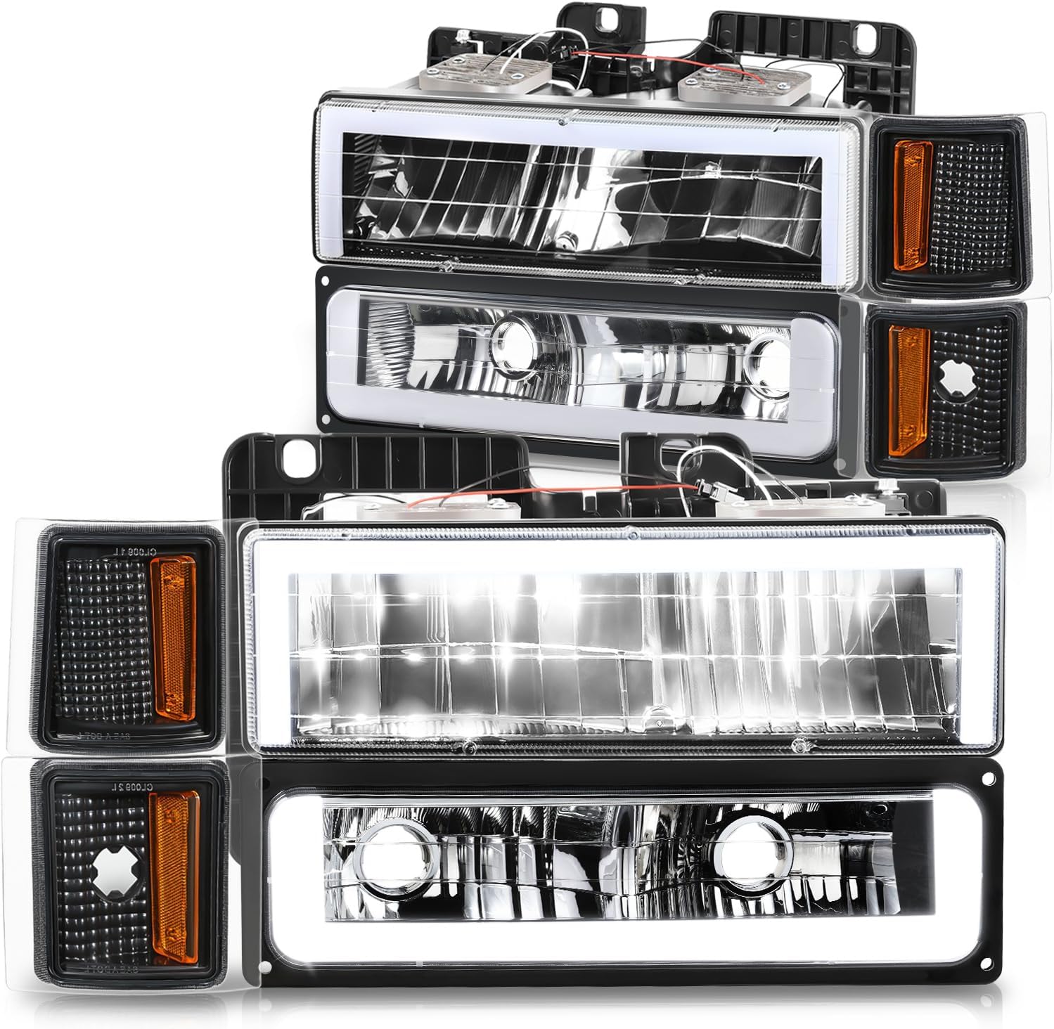 DNA MOTORING C Style LED DRL Headlight+Bumper Signal+Corner Lamps Set Compatible with 88-93 Chevy C/K1500-3500,Black/Amber,HL-LB2-8P-C1088-BK-AM