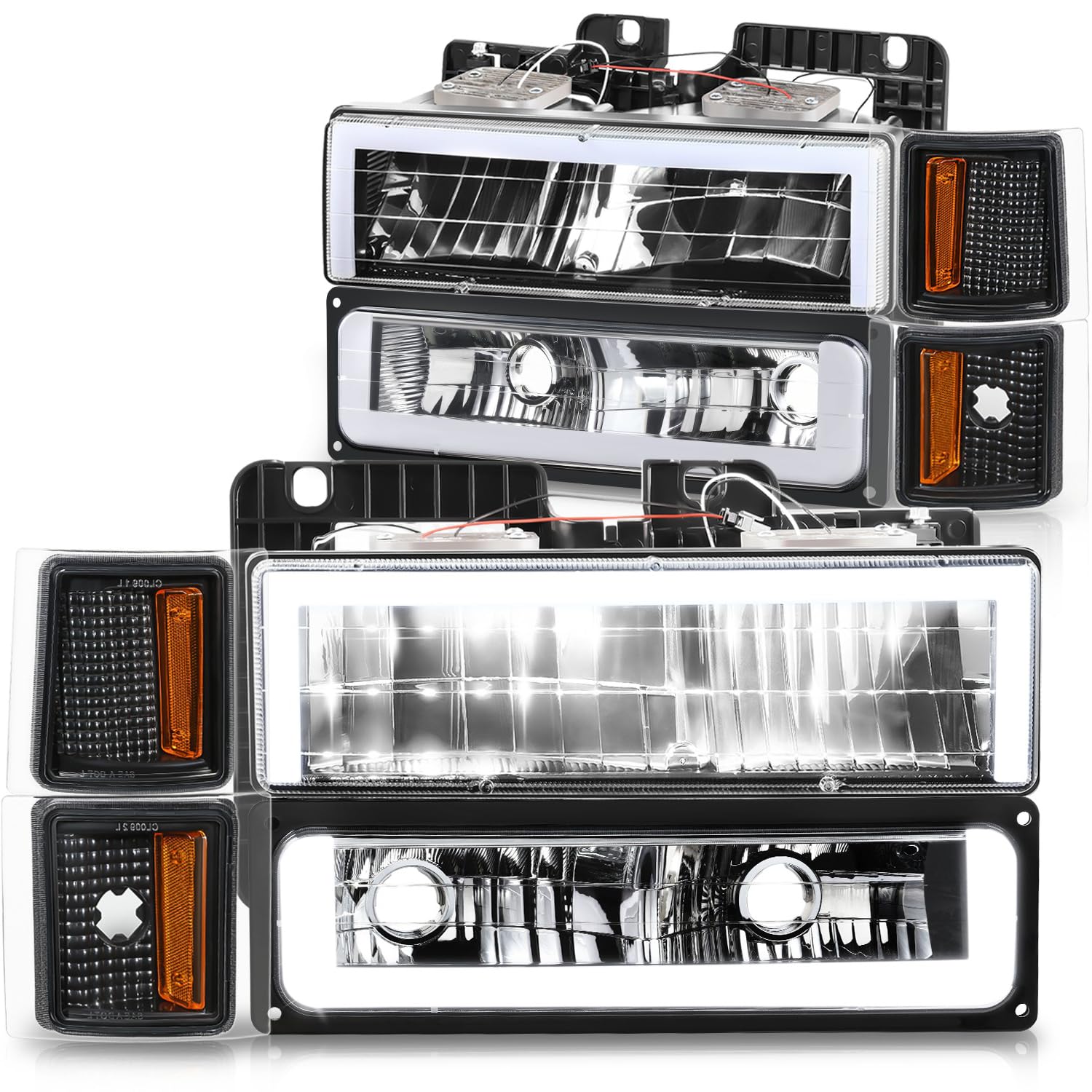 DNA MOTORING Square Box Style LED DRL Headlight+Bumper Signal+Corner Lamps Set Compatible with 94-00 Chevy C/K1500 2500 Suburban Tahoe,Black/Amber,HL-LB5-8P-C1094-BK-AM