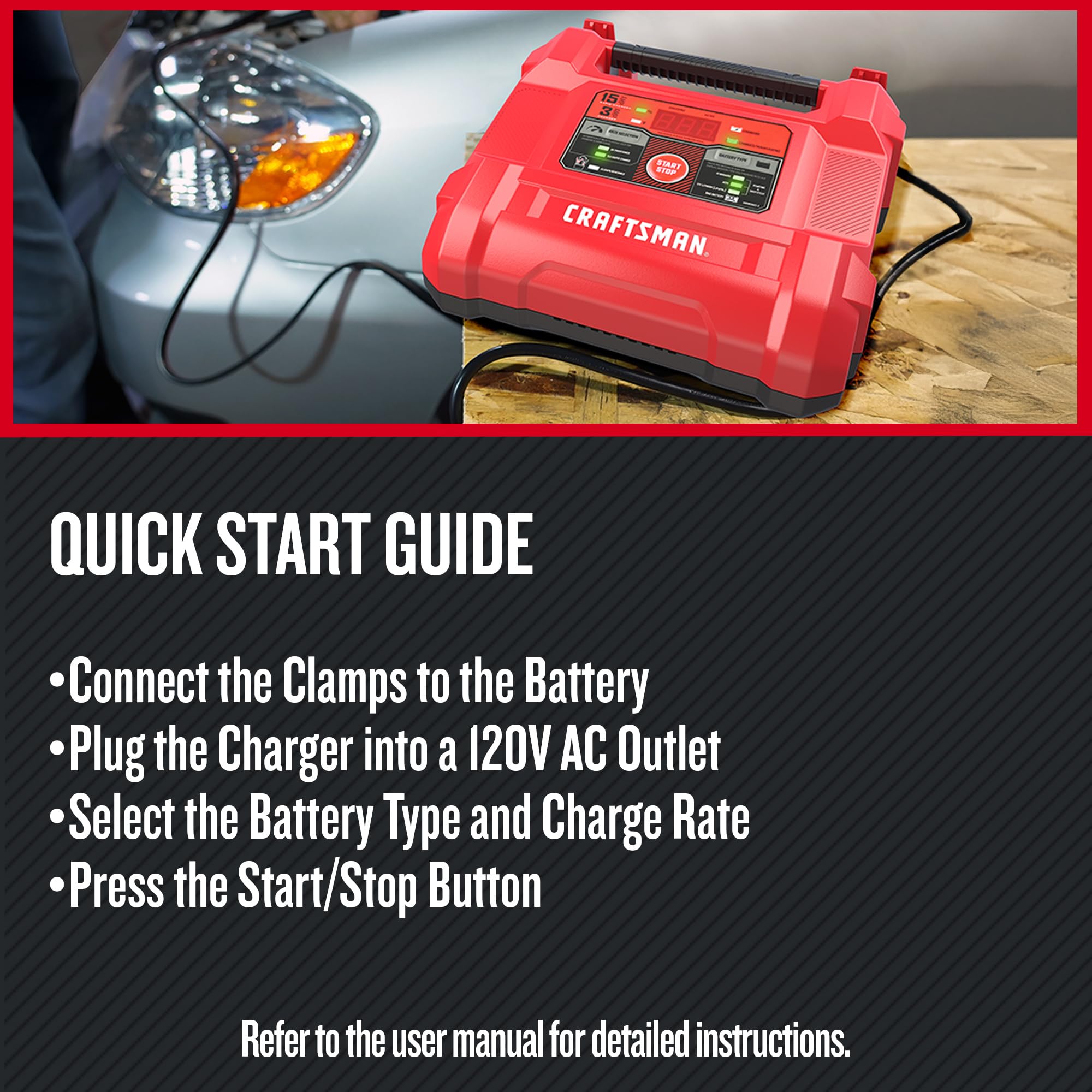 CRAFTSMAN 15A Car Battery Charger and Battery Maintainer, 4-in-1 Solution, for 6V/12V Power Sport, Automotive, and Marine Batteries, CMXCESM162