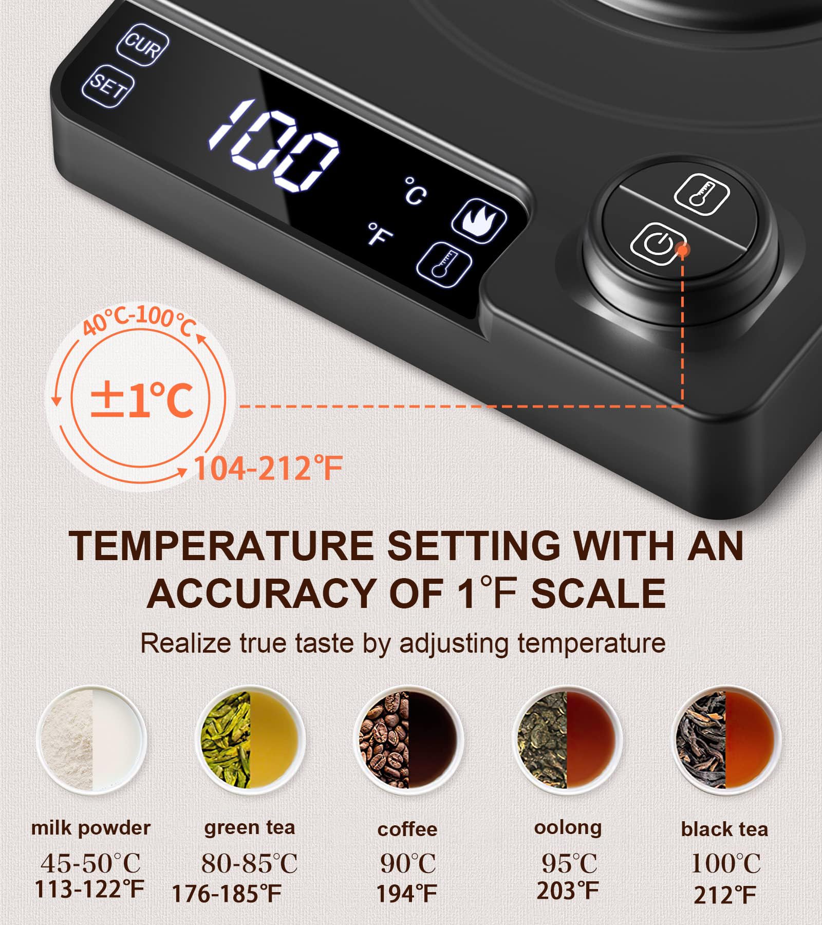 Czajnik elektryczny z gęsiej szyjki ± 1 ℉ kontrola temperatury i utrzymuje ciepło, do nalewania kawy i herbaty, wewnątrz i pokrywka ze stali nierdzewnej 304, czajniki elektryczne