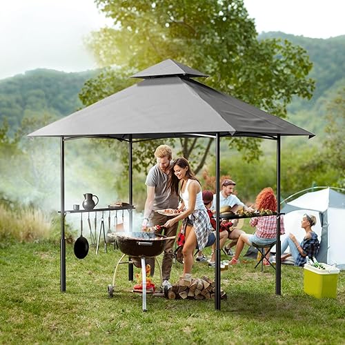 Miniatura 7 de FUNG YARD Gazebo de parrilla de 8 x 5, cenador de patio de doble techo con 2 prácticos estantes, marco de acero resistente, 7 herramientas de