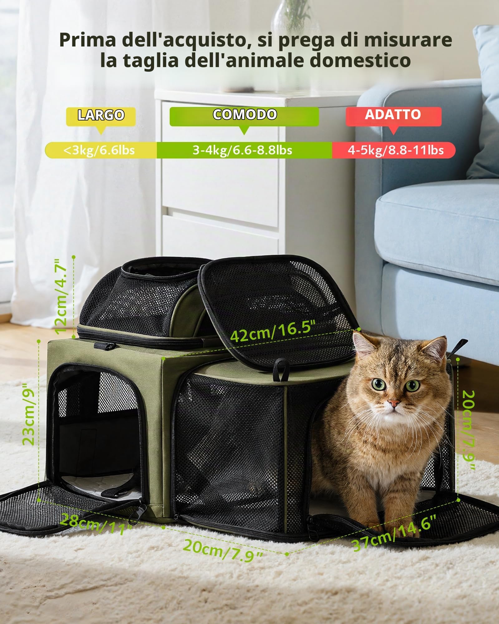 pecute Trasportino per gatti con tappetino impermeabile per pipì, borsa per gatti espandibile superiore e laterale, trasportino per cani extra stabile, borsa in tessuto a rete traspirante per animali