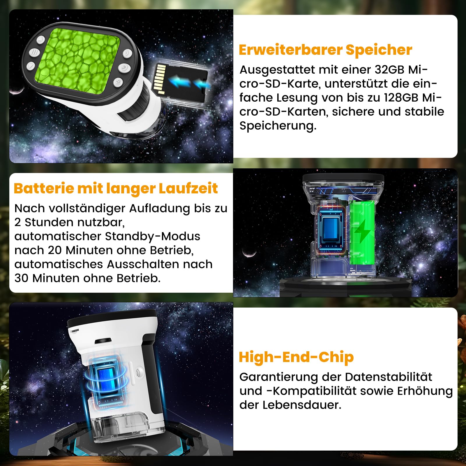 FIVAVA 1000X Mikroskop für Kinder, tragbares Digitales Mikroskop mit 2,0-Zoll-IPS-Display, Kinderlupe, USB-aufladbar, inkl. Objektträgerset, 32G-Speicherkarte und Ständer, Kids-Gartenspielzeug