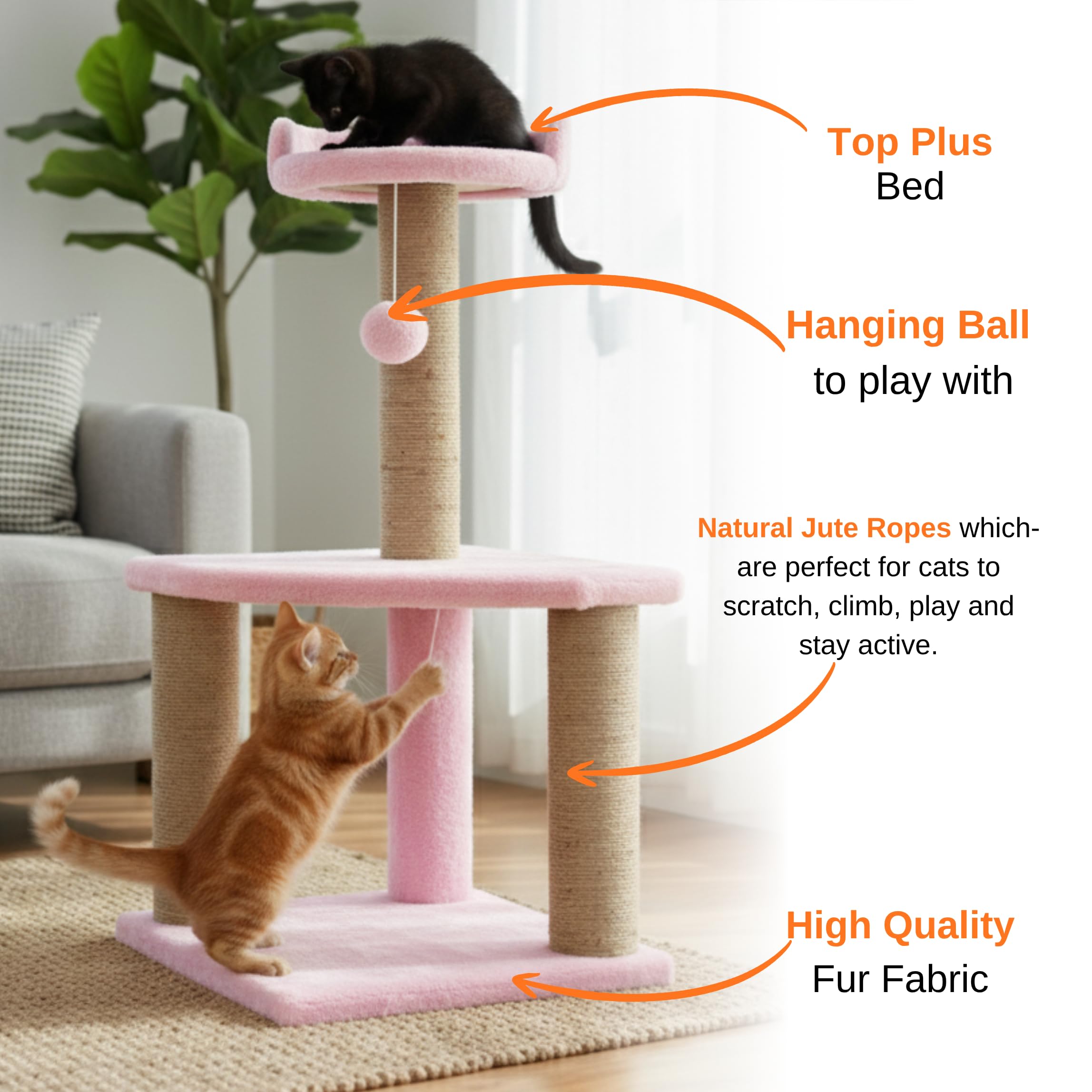 FURRLOVERS Soft Fur Activity Cat Tree for Kittens & Cats - Scratching Post, Natural Sisal Rope, Two Floor Tower, Hanging Ball (Height 32 Inch) (Pink - FURR-32) 1