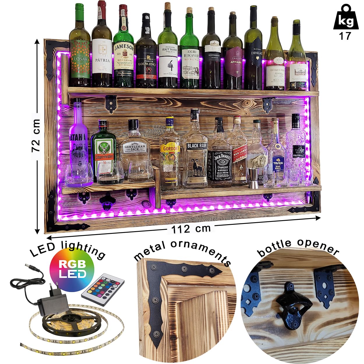 WEECO Étagère Murale en Bois avec Éclairage LED RGB - Meuble de Bar Rustique pour Bouteilles et Verres - Présentoir à Alcools avec 3 Étagères 112x72cm Bois brûlé