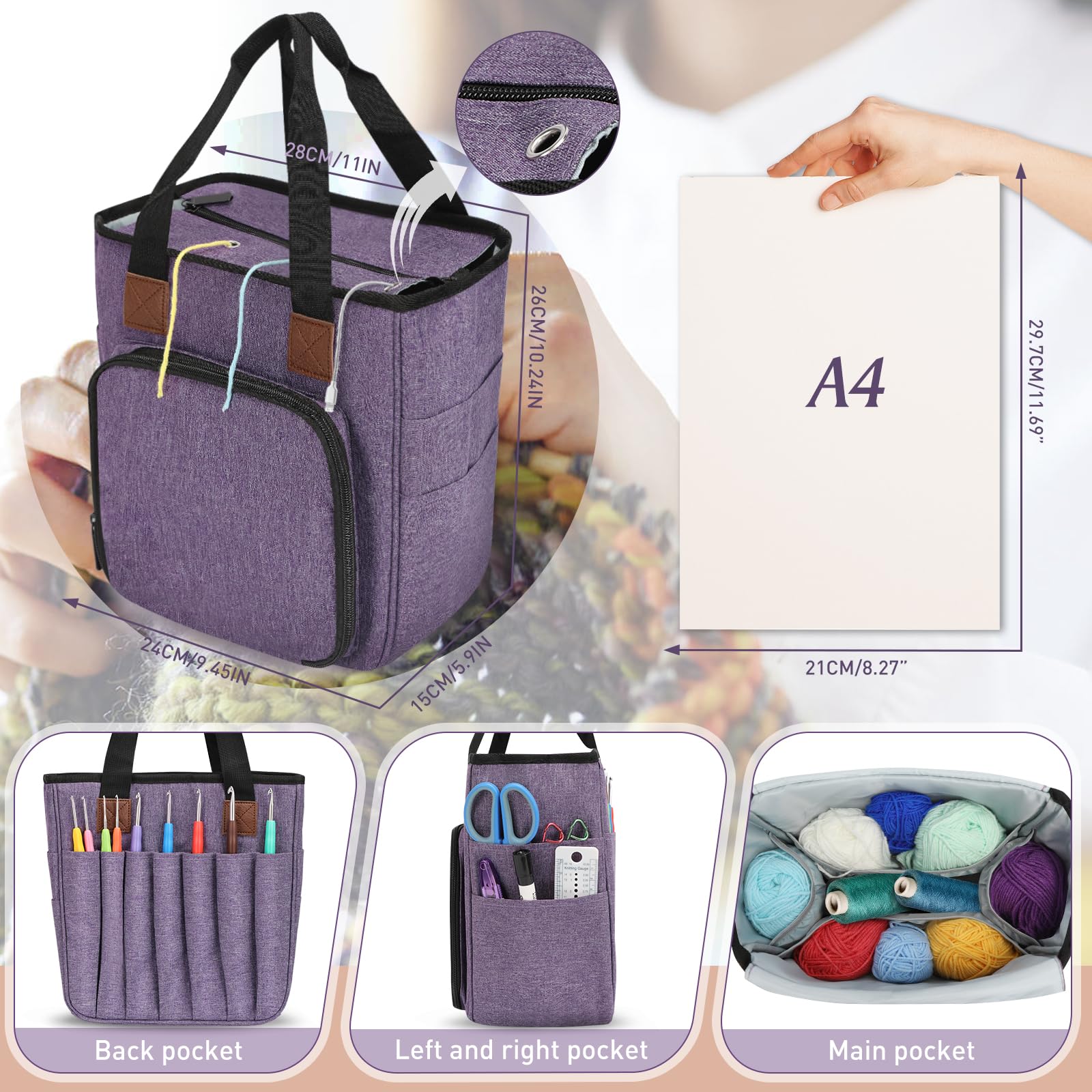 Bolsa de Crochet para Labores de Tejer, una Bolsa para el Kit de Ganchillo y Pelotas de Lana, Bolsa Individual sin Accesorios (Morado)