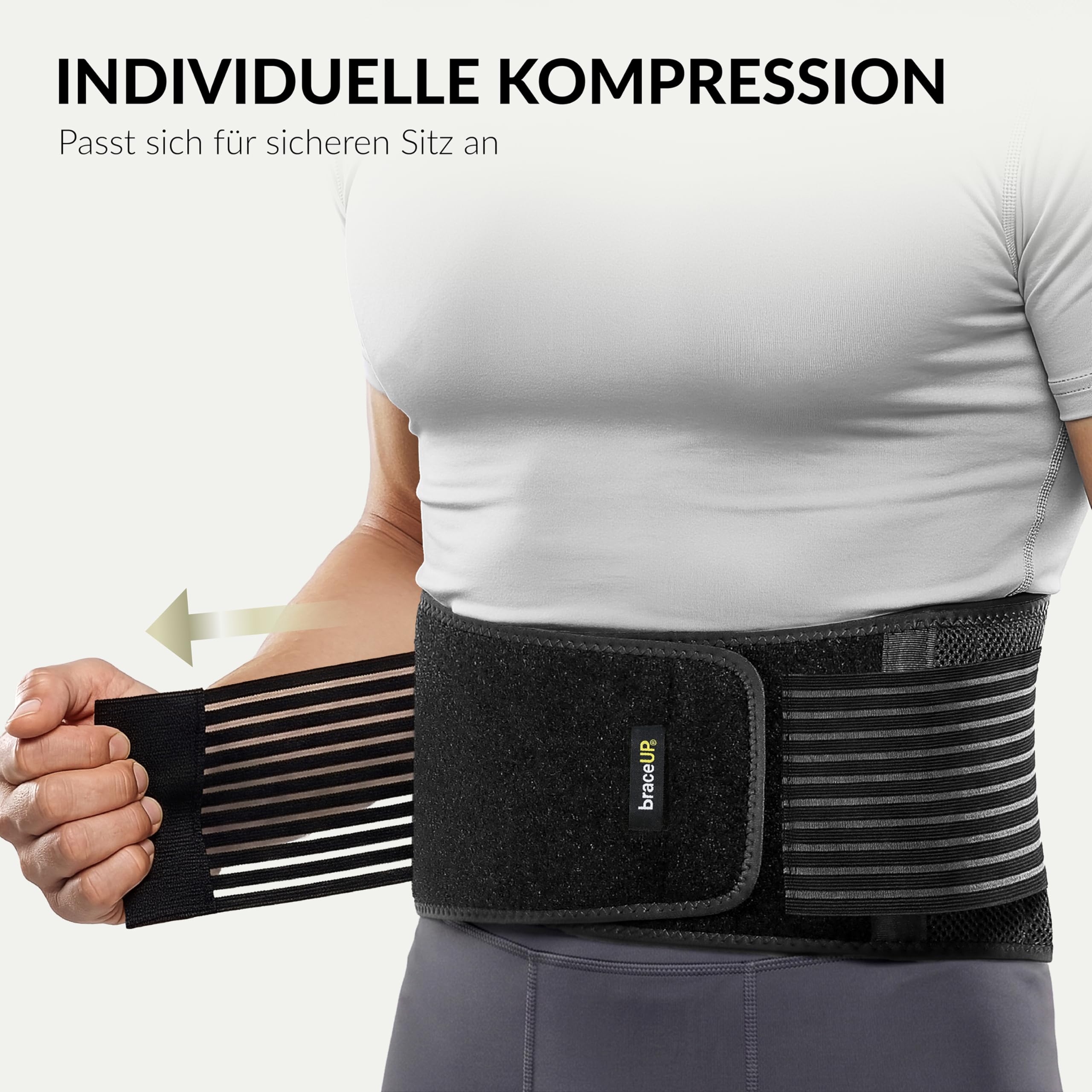 BraceUP Rückengurt, Rückenstützgürtel - Atmungsaktive Rückenbandage Herren und Damen, Rückenstütze, Lendenwirbelstütze gürtel für unteren Rücken bei Ischias (L/XL 90-110 cm)