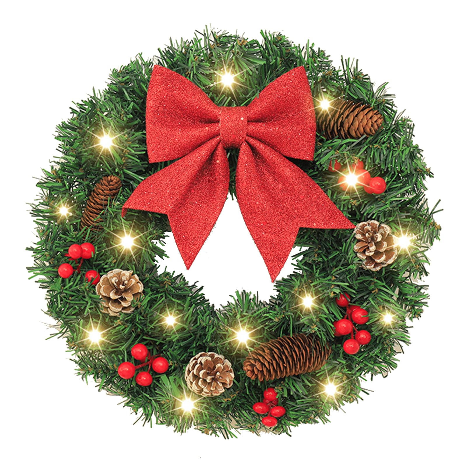 MOTUZP Couronne de Noël Artificielle de 20 Pouces pour Porte D'entrée, Couronne de Noël Artificielle avec Lumières LED, Décorations de Noël pour l'hiver, la Maison, L'intérieur (avec