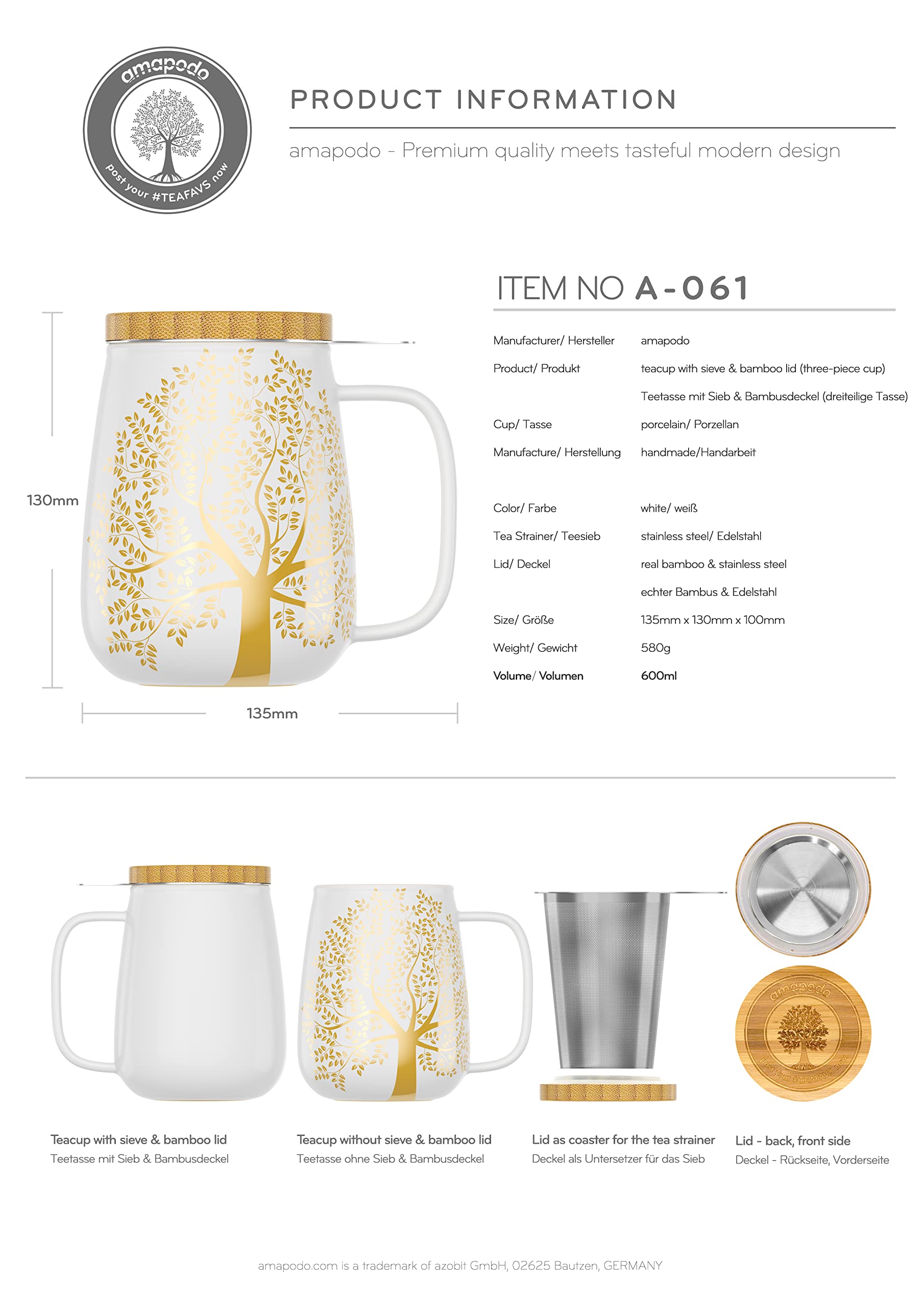 amapodo Teetasse mit Deckel und Sieb - 600ml Porzellan Tee Tasse groß - Jumbotasse - XXL Tea Cup Set Weiß - plastikfrei