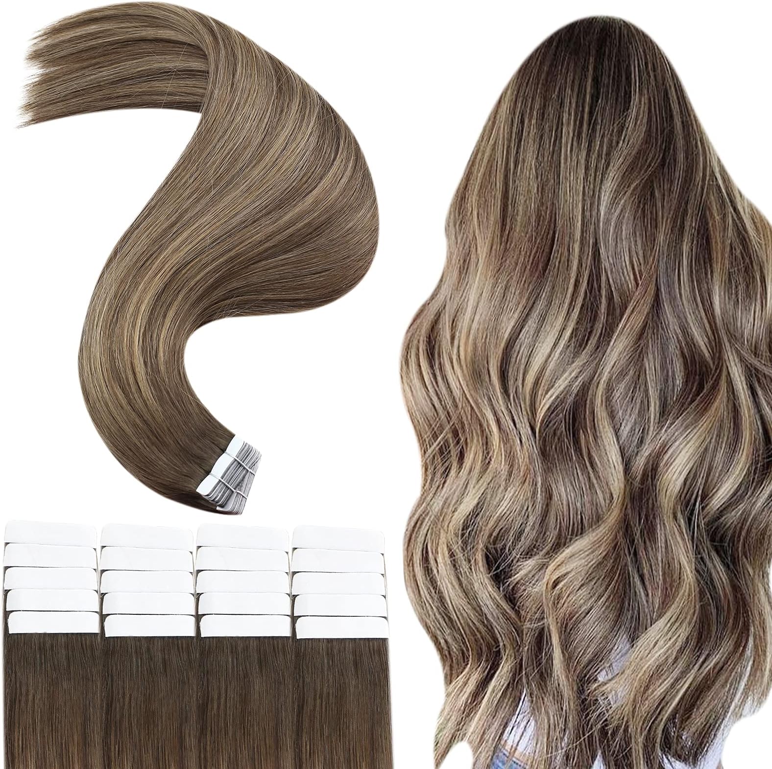 JoYoung 20inch Balayage Blonde Human Hair Tape in Extensions Remy Straight Hair Extensions Dark Brown Mixed with Caramel Blonde Seamless Tape Extensions Real Hair 20pcs 50gram