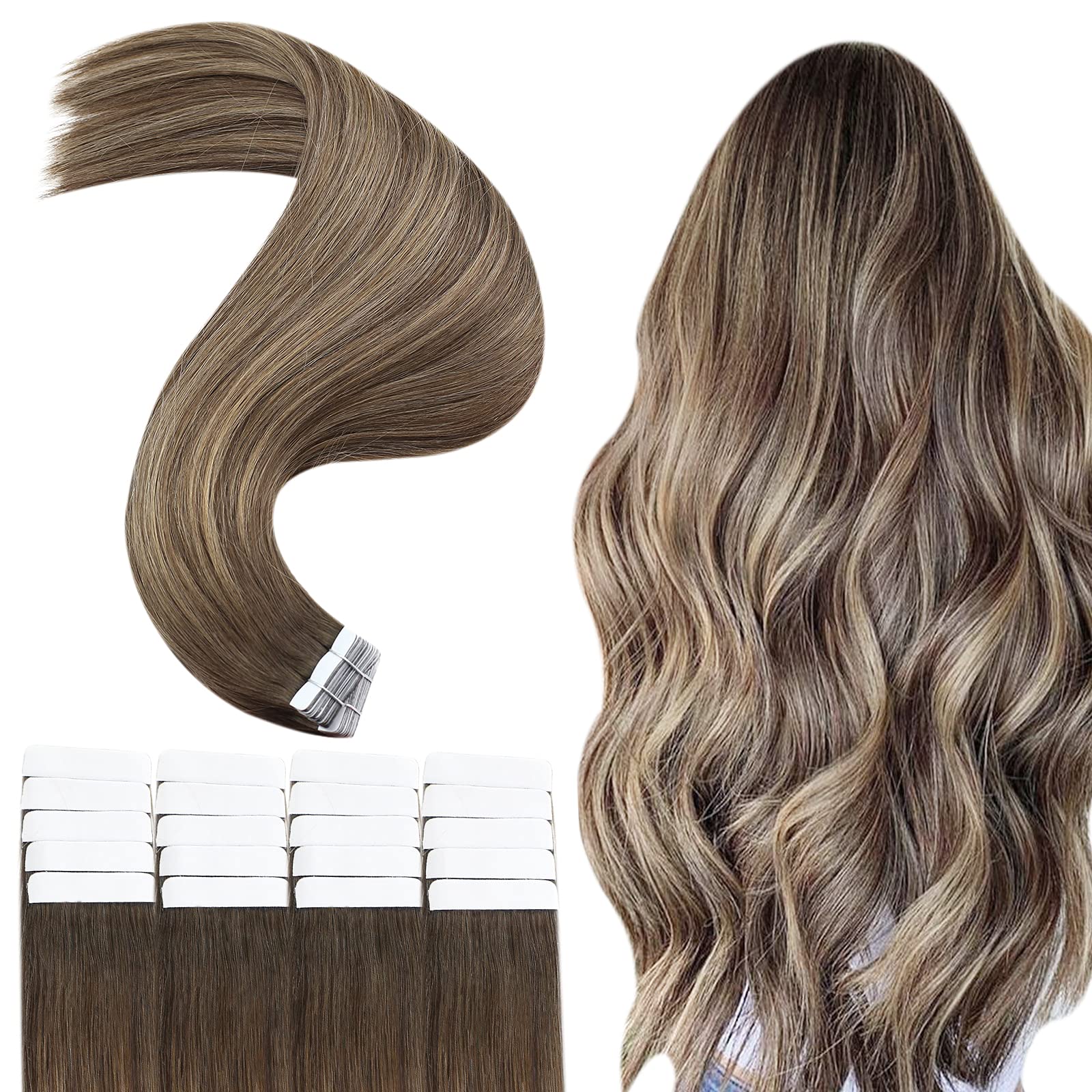 JoYoung 20inch Balayage Blonde Human Hair Tape in Extensions Remy Straight Hair Extensions Dark Brown Mixed with Caramel Blonde Seamless Tape Extensions Real Hair 20pcs 50gram