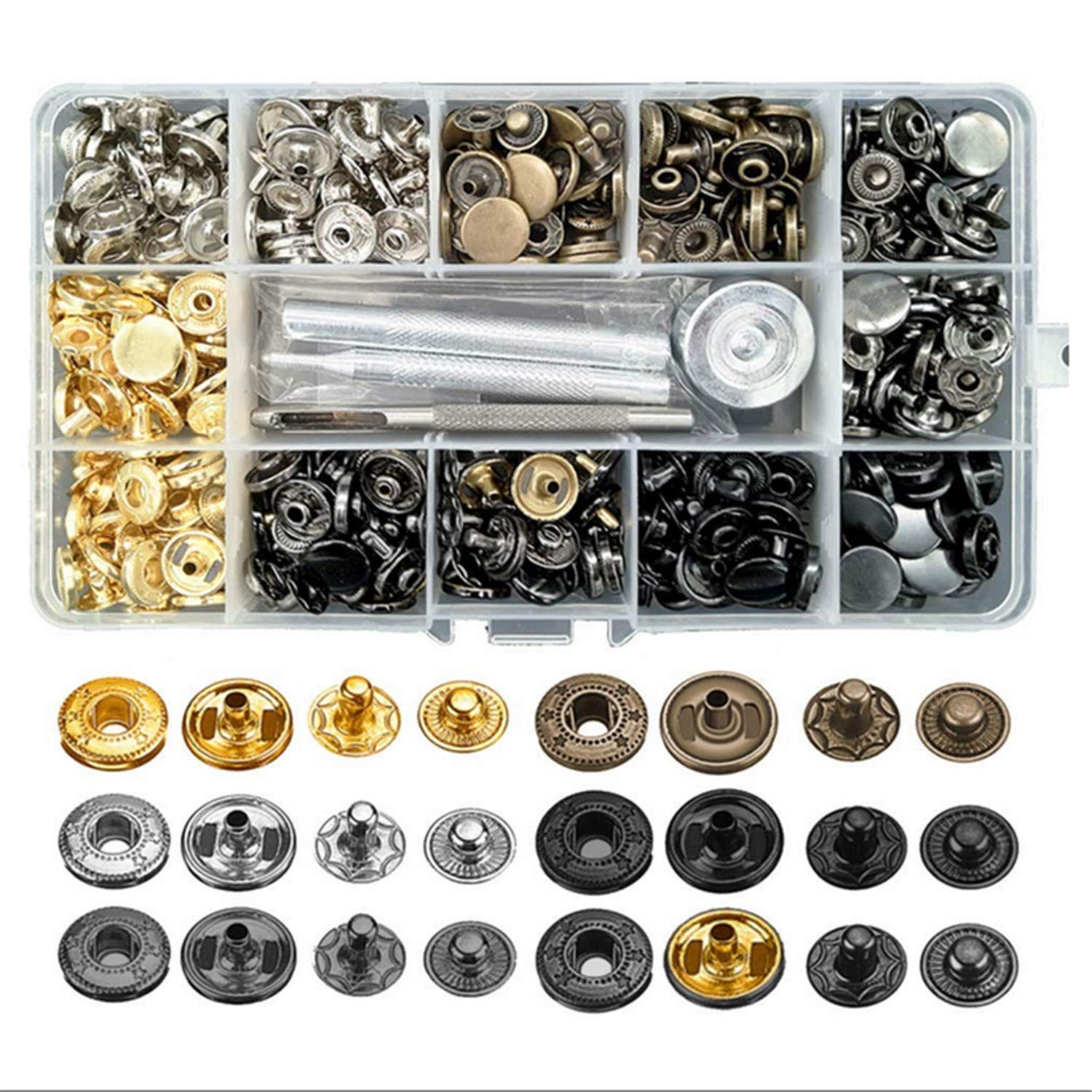 12.5mm Leather Snap Fasteners Kit Metal Button Snaps Press Studs 4 Installation Tools 6 Color Leather Snaps for Clothes,Jackets-120pcs