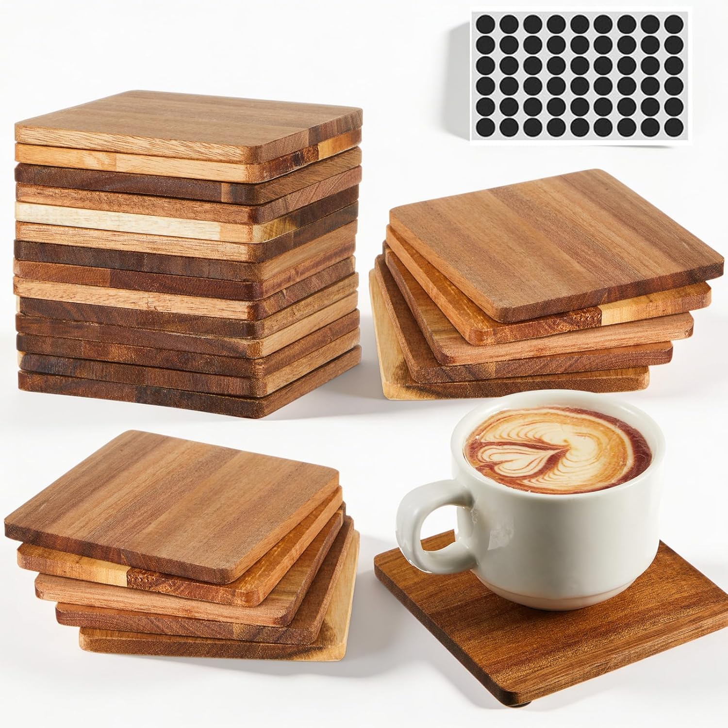 36 Pcs Unfinished Acacia Wood Coasters Bulk, 4 Inch Square Wooden Coasters for Crafts with Non-Slip Silicon Dots for DIY Stained Painting Wood Engraving Home Decoration (Square)
