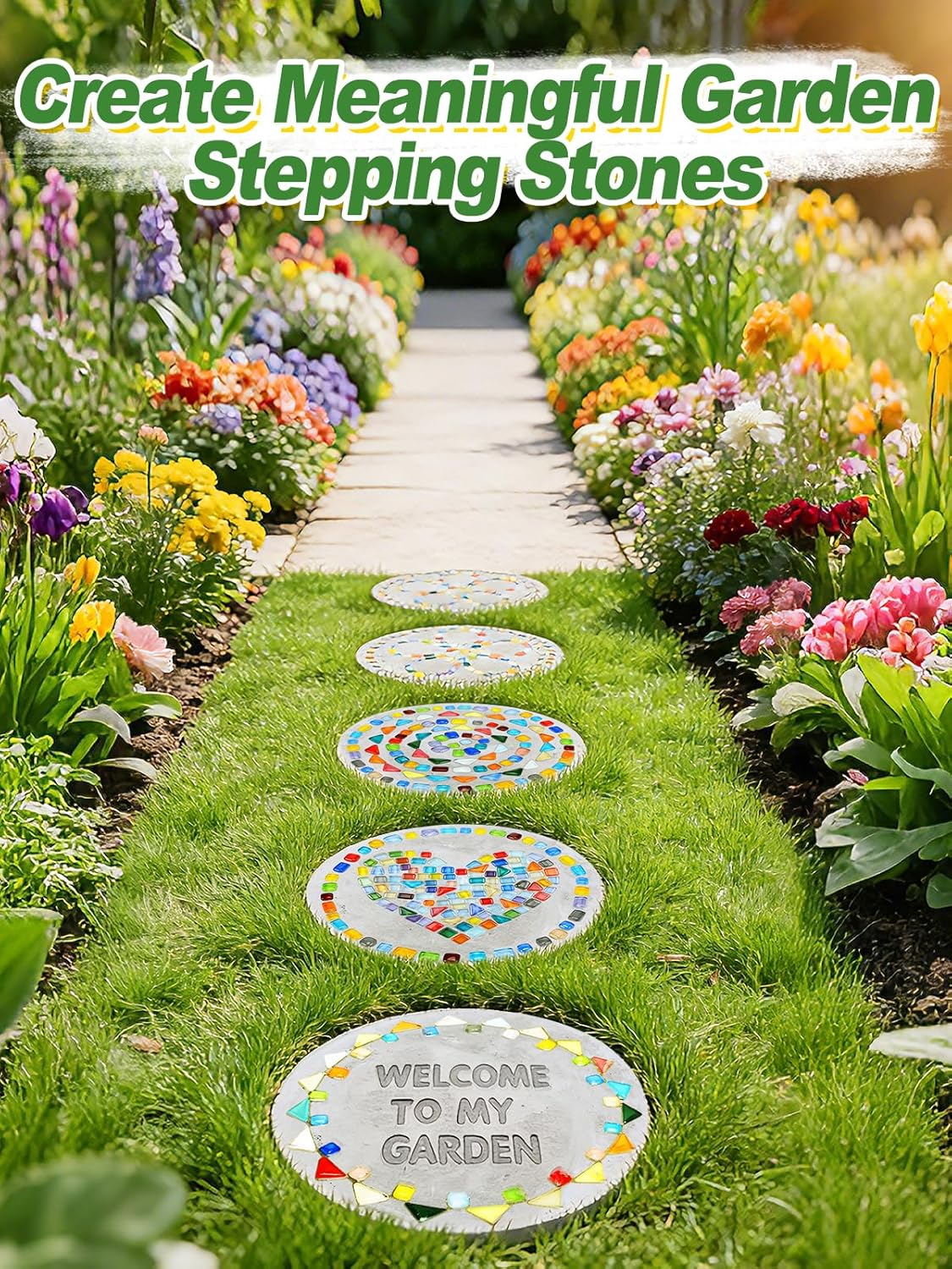 6 Sets 10in Stepping Stone Kit - Includes Concrete Molds & Letter Number Stamps, Mosaics Tiles, Carving Tools, Gloves & Mat, Make Your Own Stepping Stones Outdoor for Garden Walkway Mother's Day