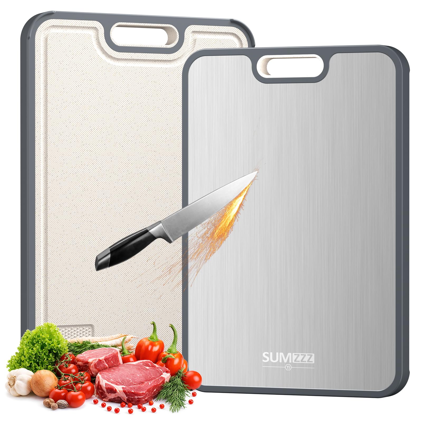 Sumzzz Titanium Cutting Board for Kitchen, Non Toxic 2-in-1 Cutting Board Double Sided Food Grade Pure Titanium, Knife Friendly Easy to Clean Large Size 15”×10.3”