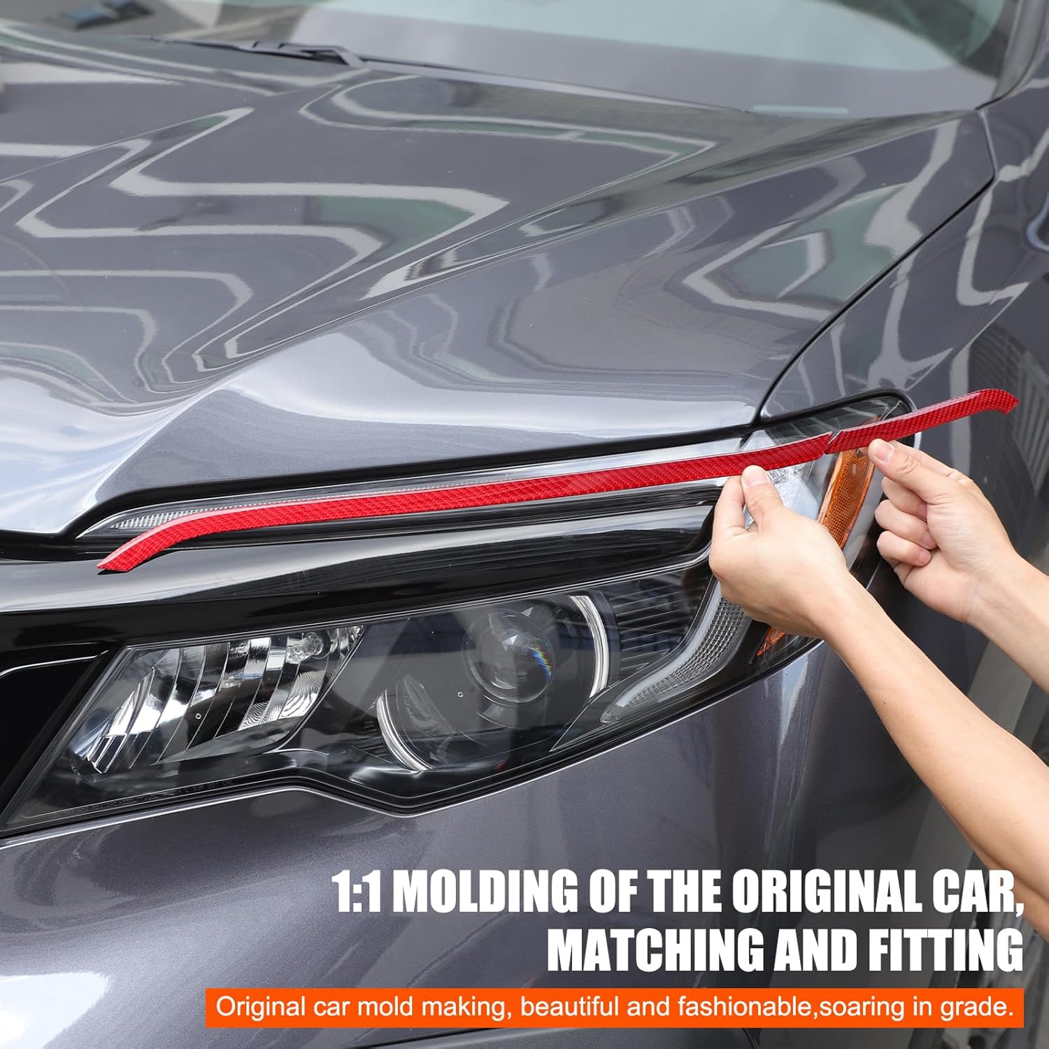 Headlight Eyelid Eyebrow Cover Trim for Honda Pilot 2016-2022 Accessories, Front Headlamp Eyebrow Cover Decoration Strip, Front Bumper Headlight Eyelid Molding Trim Sticker, Carbon Fiber (Red)