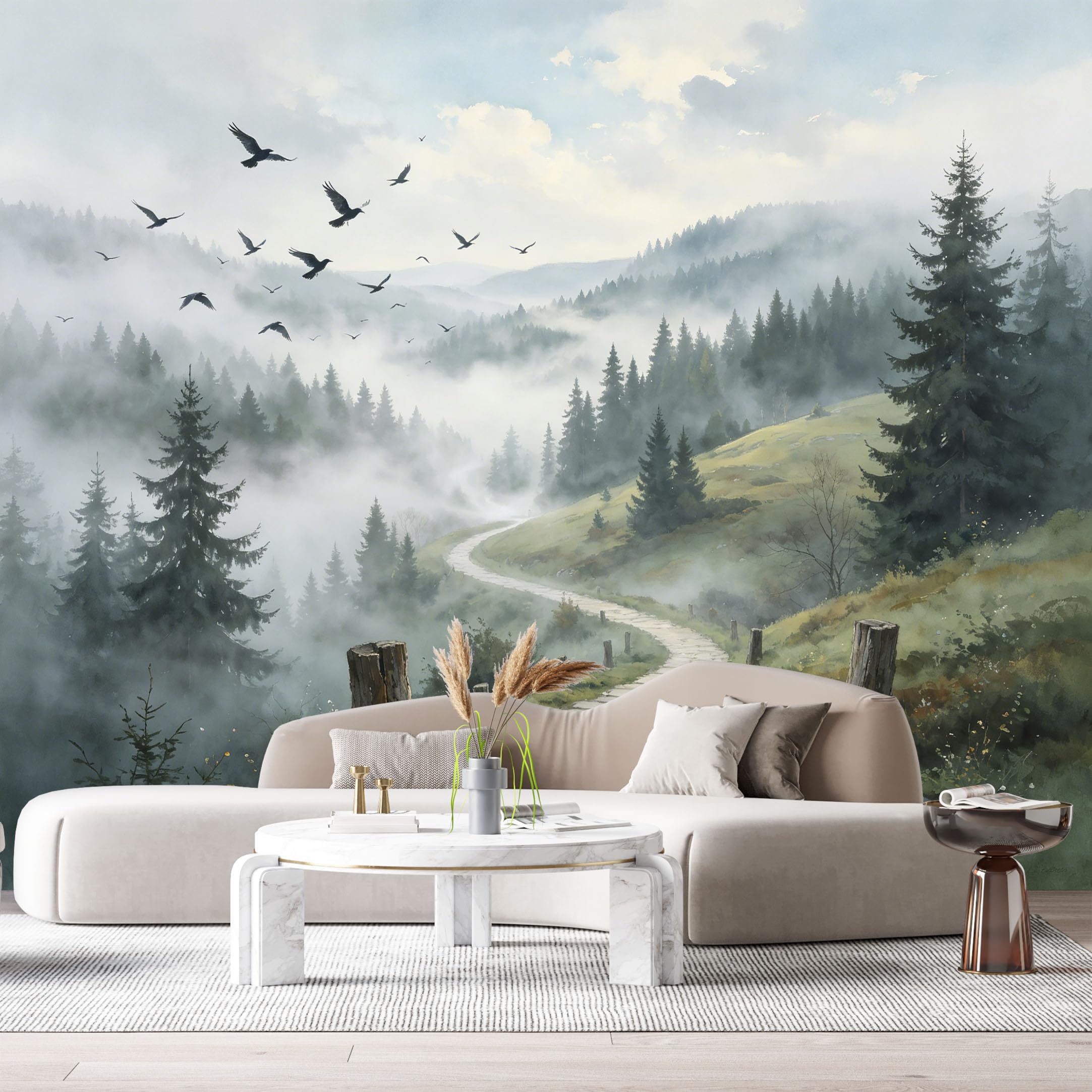 Custom Size Wall Murals Misty Forest Landscape Watercolor Pine Trees Flying Birds SelfAdhesive Wall Fabric Removable Large Wallpaper for Photo Living Room