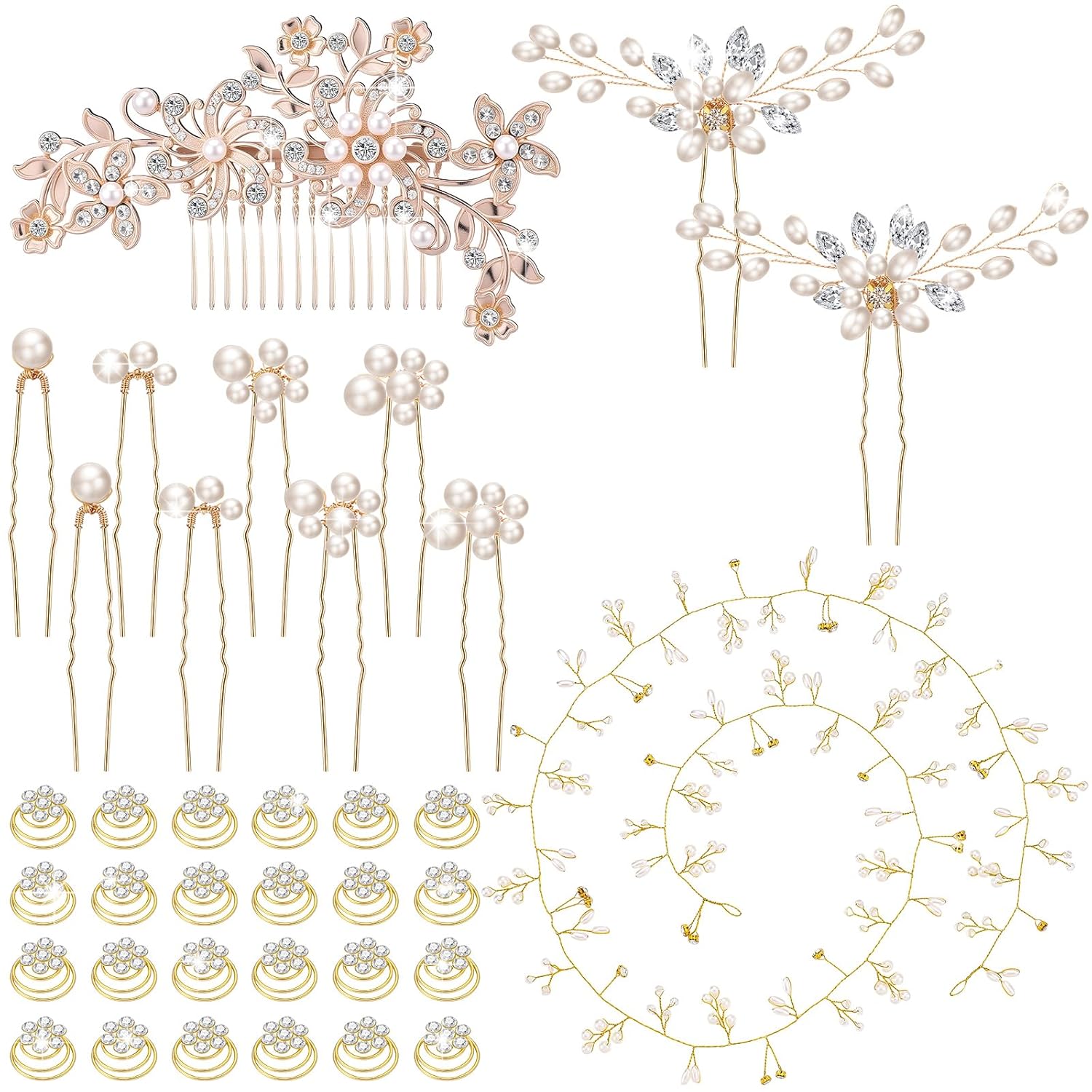 Juexica 48 Pack Wedding Hair Accessories Bride Silver Sparkly Pearl Pins Prom Hair Piece U-shaped Flower Rhinestone Clips Prom Jewelry for Brides Party Holiday for Women(Silver)