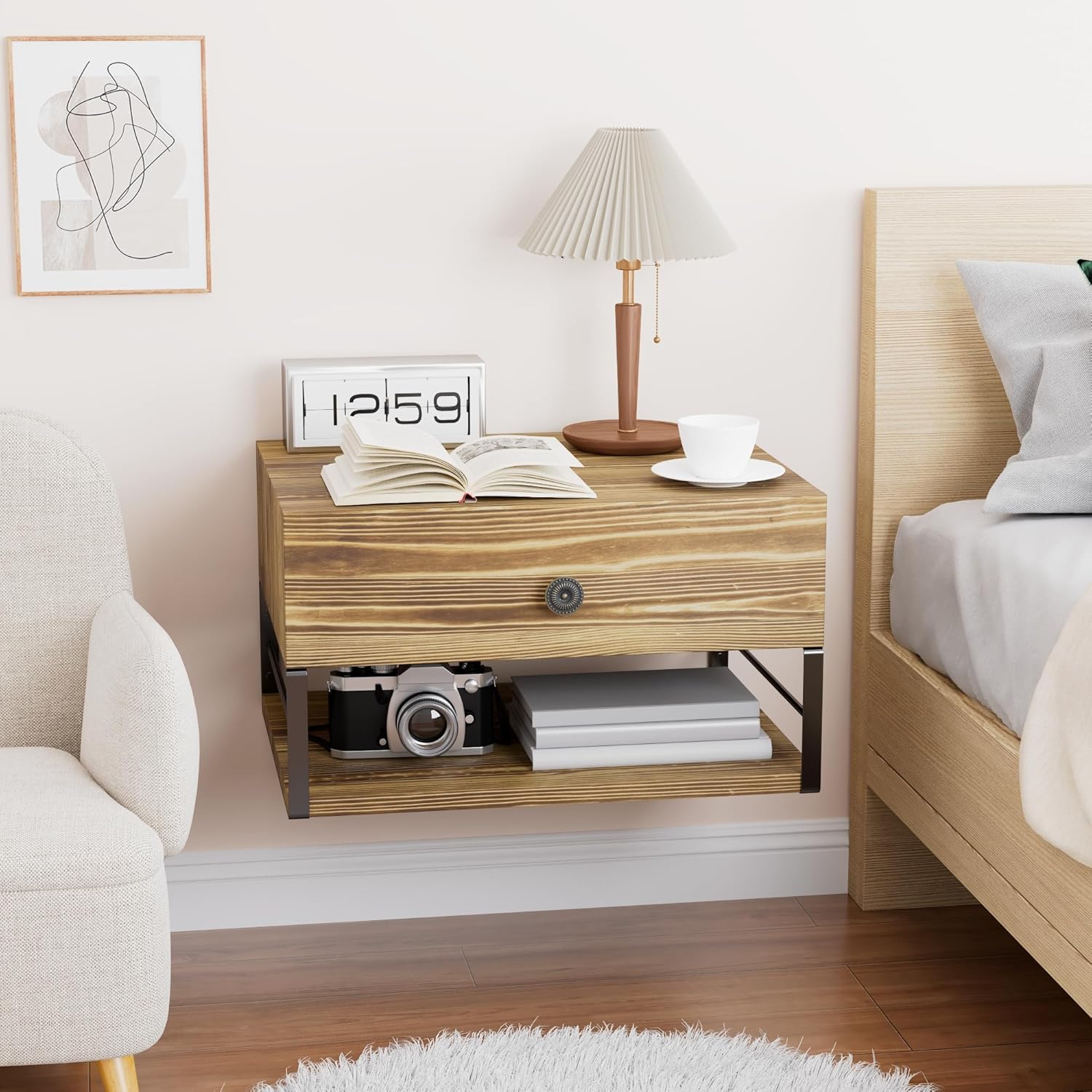 Floating Nightstand with Drawer, Natural Pine Wall Mounted Nightstand for Bedroom and Small Space, Easy-to-Assemble Floating Bedside Table