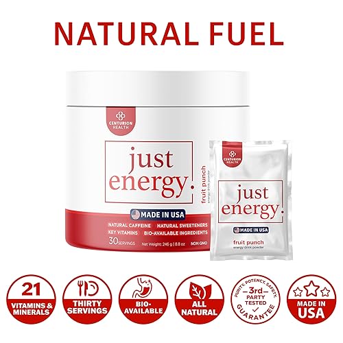 Miniatura 5 de Just Energy Drink Powder - Mezcla refrescante de bebida energética Fruit Punch con 21 ingredientes que aumentan la energía, incluye vitaminas B,