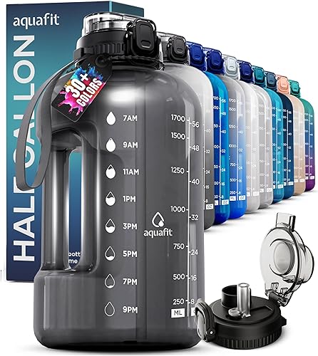 AQUAFIT Botella de agua 2 en 1 de 64 onzas con marcador de tiempo y popote, botella de gimnasio con correa y asa, botellas reutilizables con popote,