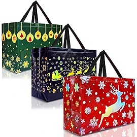 Nush Nush Extra Large Christmas Gift Bags - Set of 12 Festive XL Reusable Holiday Gift Bags with Handles (4 Red, 4 Green, 4 Navy Blue) - For Large Xmas Presents - 17Wx7.5Dx12H