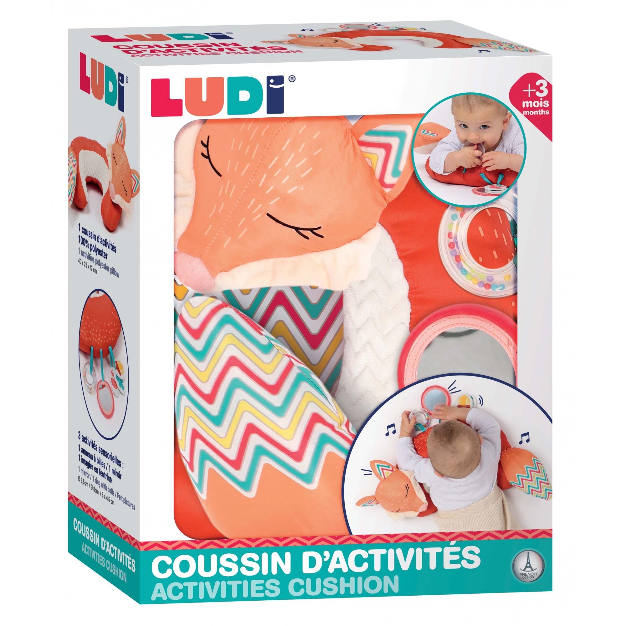 LUDI - Cuscino per attività Volpe - Gioco di risveglio per Bambini - da 3 Mesi - Sviluppa i Sensi, Il Tono e Il rafforzamento Muscolare in Posizione ventrale - 5 attività sensoriali