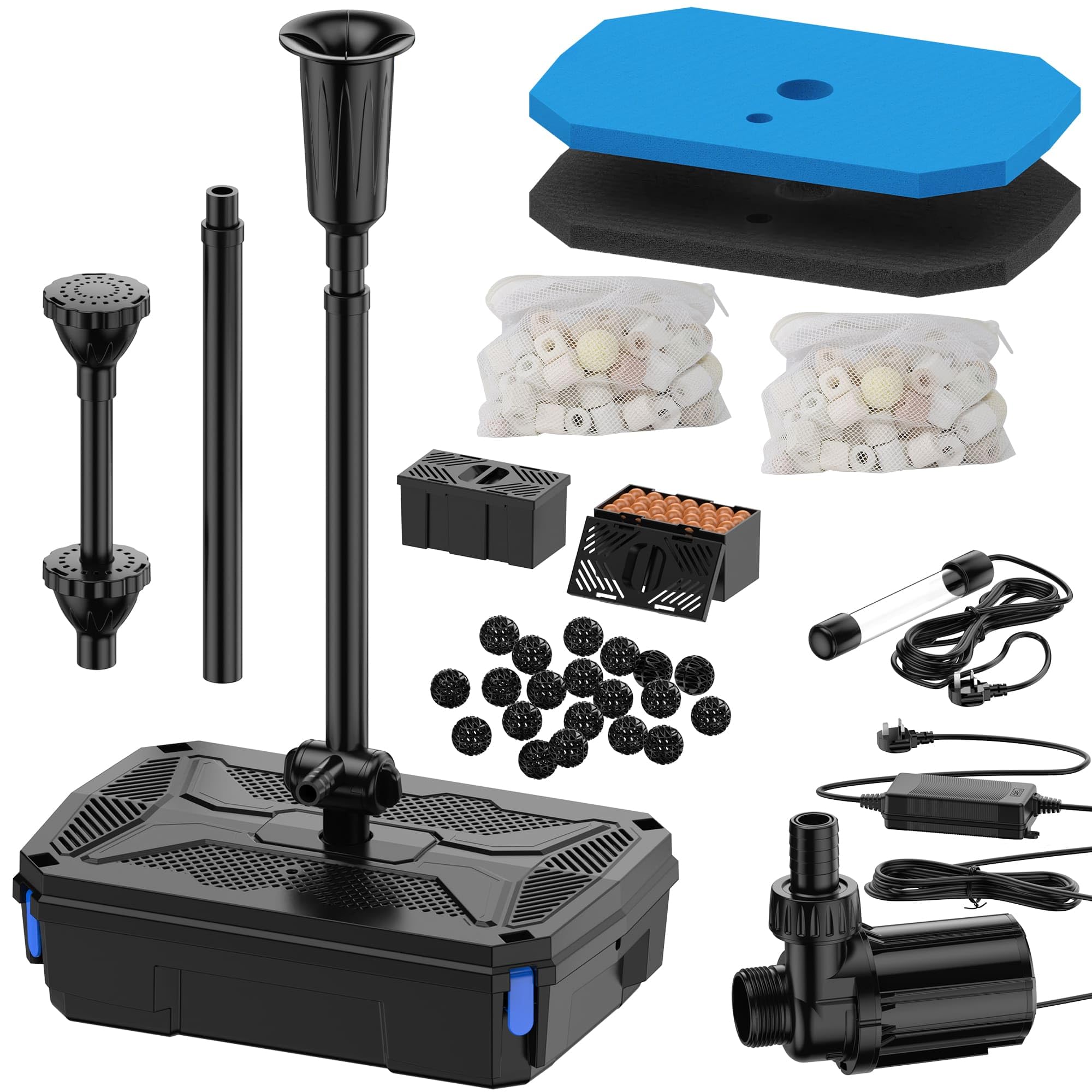 Biling Teichfilter Komplettset mit Pumpe, Leise All-in-One Teichpumpe mit Filter inklusive 3 Springbrunnen Düse mit Wasserdurchflussregelventil für Gartenteiche Fischhaltung und Algenbekämpfung