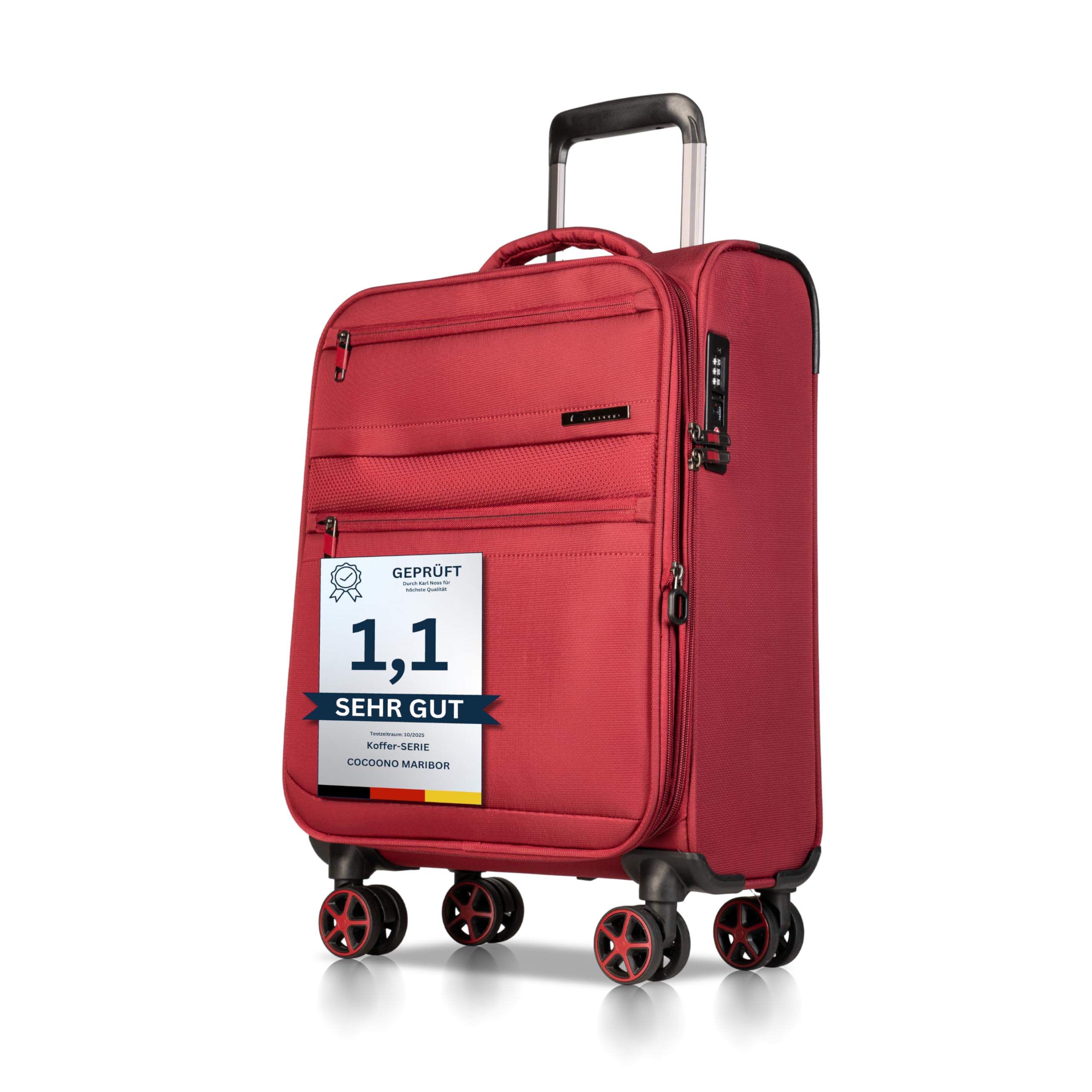 Cocoono Handgepäck Koffer 55x40x20 – Leichter Stoff Reisekoffer mit Rollen, TSA-Schloss, erweiterbar, 40L – Cabin Trolley für Flugreisen, 360° Doppelrollen, Robustes Hand Luggage (rot, M)
