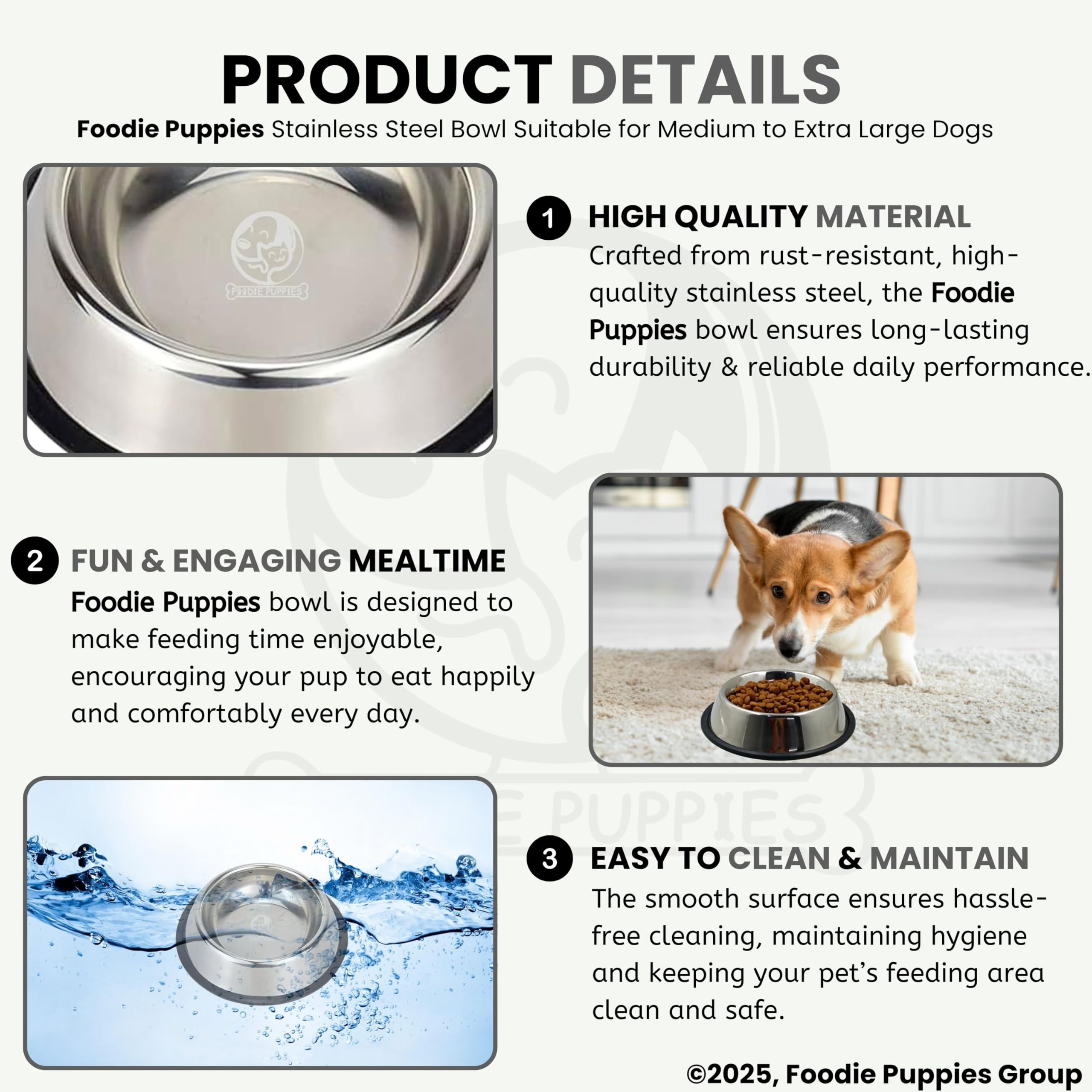 Foodie Puppies Pet Feeding Stainless Steel Bowl for Dogs, Cats & Any Pets - 1800ml, Large I Non-Skid Rubber Bottom Food/Water Bowl I Non-Toxic & 100% Safe for Pets 1