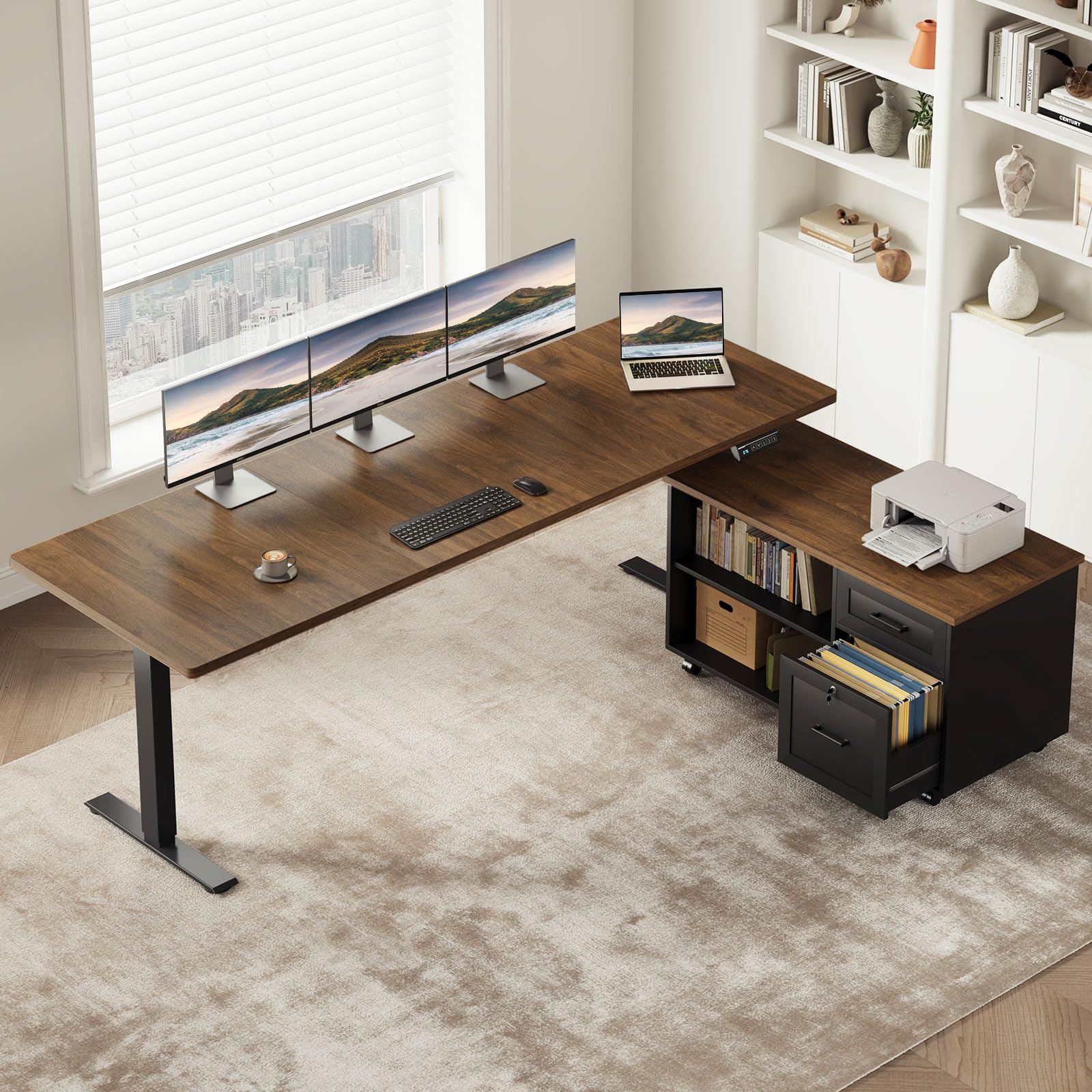 OffiGo 71" L Shaped Electric Standing Desk with Cabinet Sets, Walnut/Black