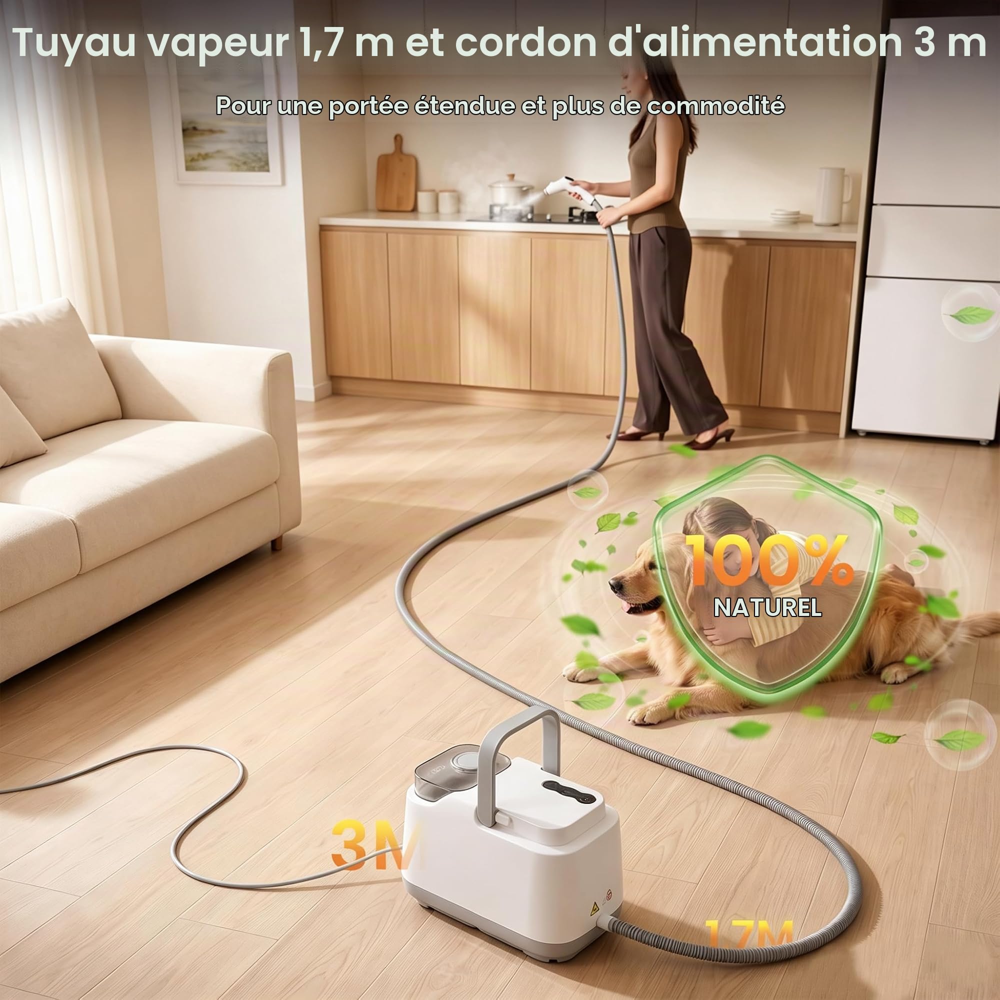 Nettoyeur Vapeur Portable 1500W 4 Bar Nettoyeur Vapeur Haute Pression Steam Cleaner, Chauffage Instantané 10S,2L Réservoir,Câble 4.7M, Nettoyant Vapeur Nettoyeur Vapeur a Main pour Cuisine Voiture Sol
