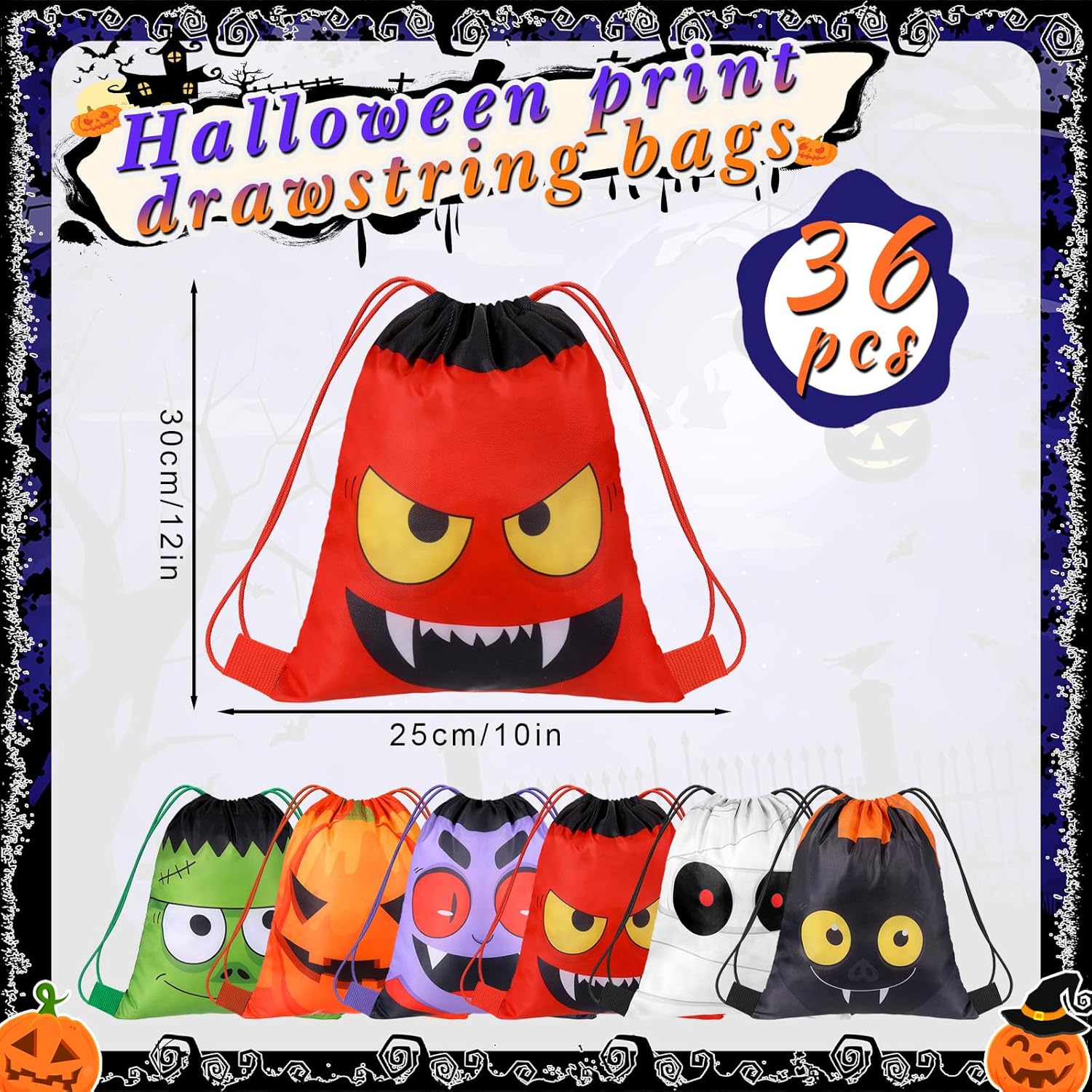 Shihanee 36 Pcs Halloween Drawstring Bags Set Bulk - Halloween Drawstring Backpack Party Supplies for Gym Supplies (Cartoon Style)