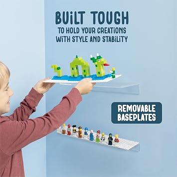 Play Platoon Building Brick Display Shelves 2 Pack Minifigure Display Case Shelf - 12x5 Inch Acrylic Wall Mount Shelf for Wall, Compatible with Lego, Megablox, and Other Major Brands - White