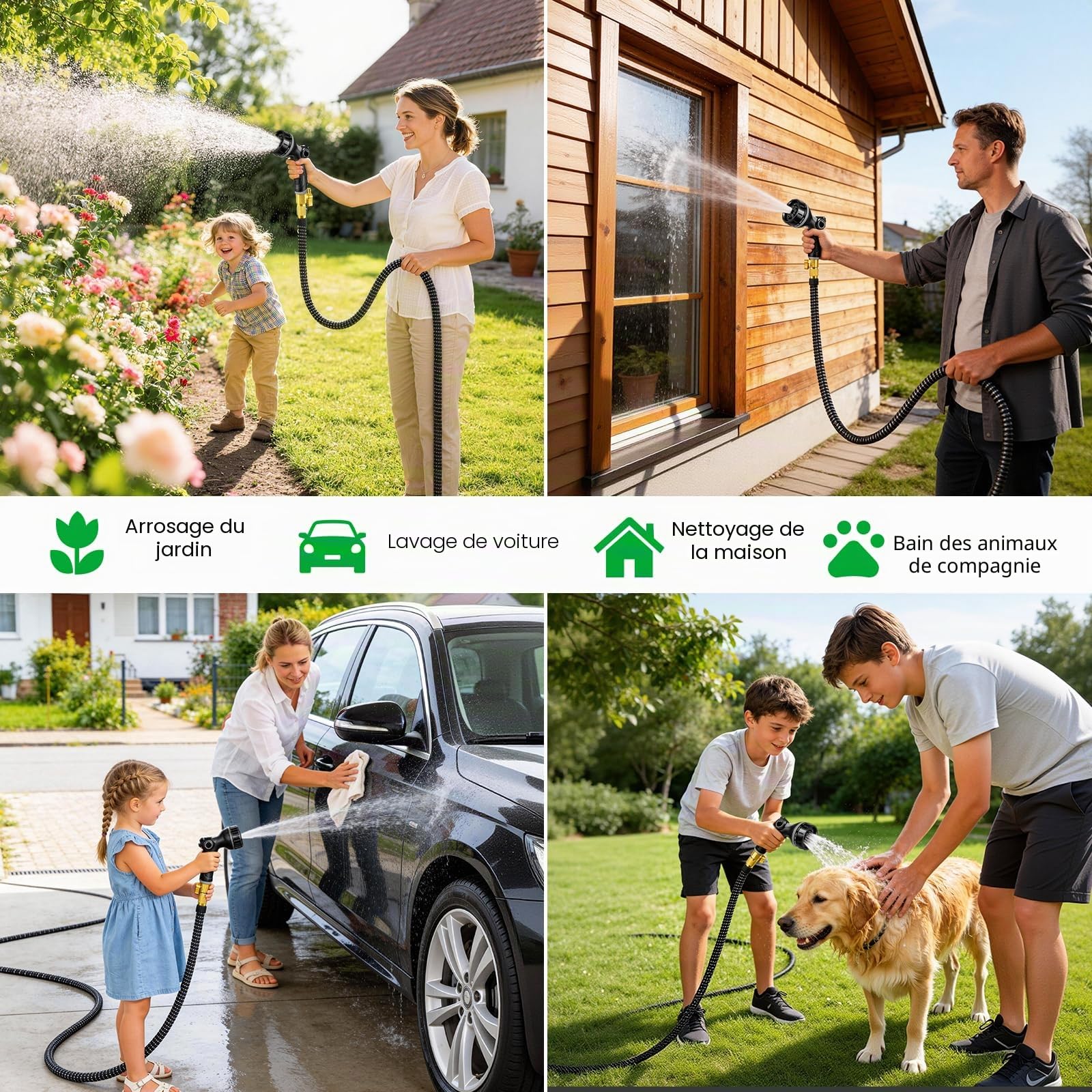 Tuyau Arrosage Extensible 15m, Tuyau d'arrosage Retractable avec 1/2" et 3/4" Adaptateur, Tuyaux d'arrosage avec 10 Modèles de Pulvérisation pour Jardin Irrigation Nettoyage Laver la Voiture