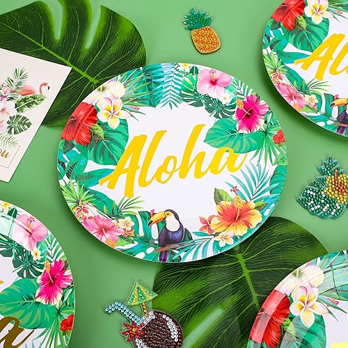 Miniatura 3 de Whaline Platos de papel, desechables de 9 pulgadas, diseño tropical hawaiano Luau, 40 unidades, fiesta de verano, baby shower, decoraciones de