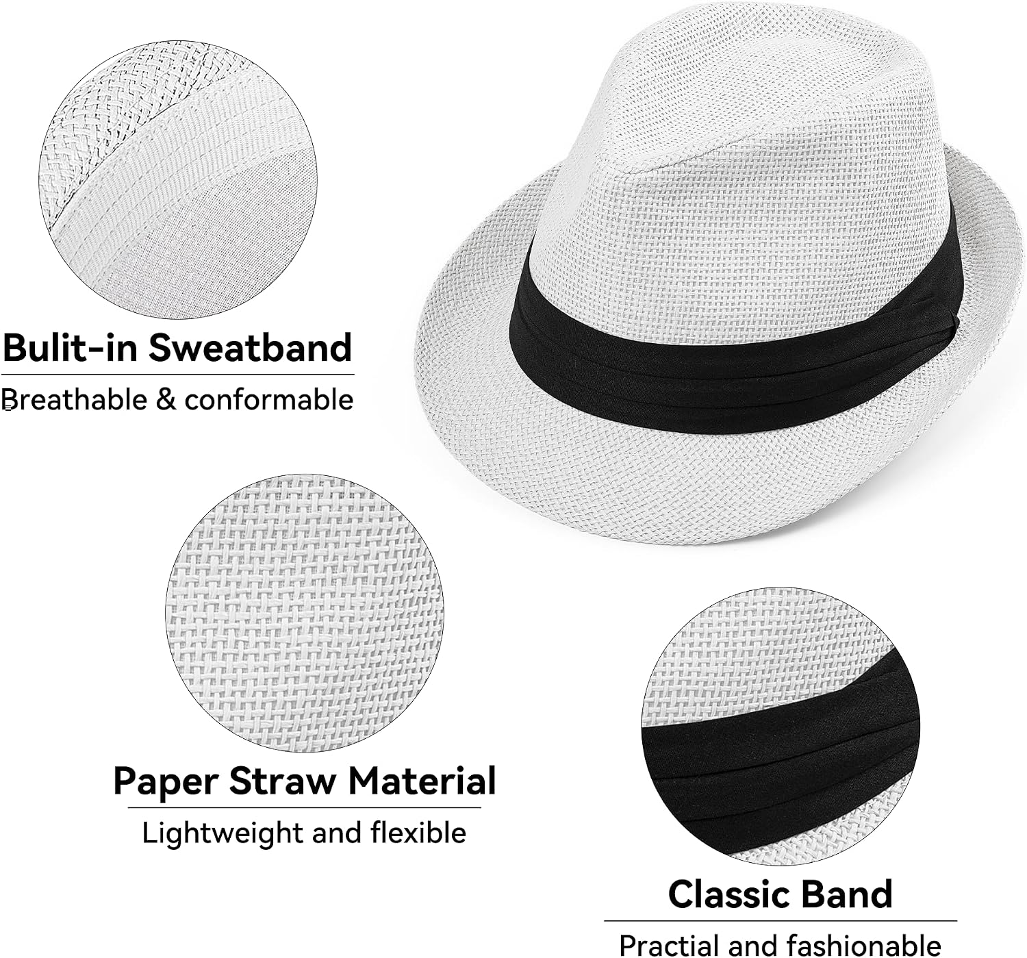 Straw Trilby Fedora Hat for Men Women 1920s Panama Hat Short Brim Summer Beach Sun Hat with Band