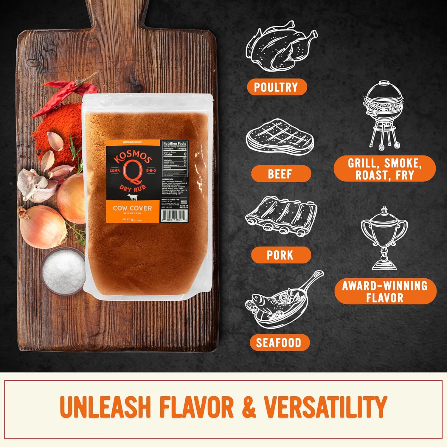 Kosmos Q Cow Cover BBQ Dry Rub, Smoky & Savory Beef Seasoning with Chili Pepper, Garlic, Onion & Paprika for Steak, Burgers, Brisket, Wild Game, Chicken, BBQ Rub for Grilling & Smoking, 16 Oz Bag - Image 4