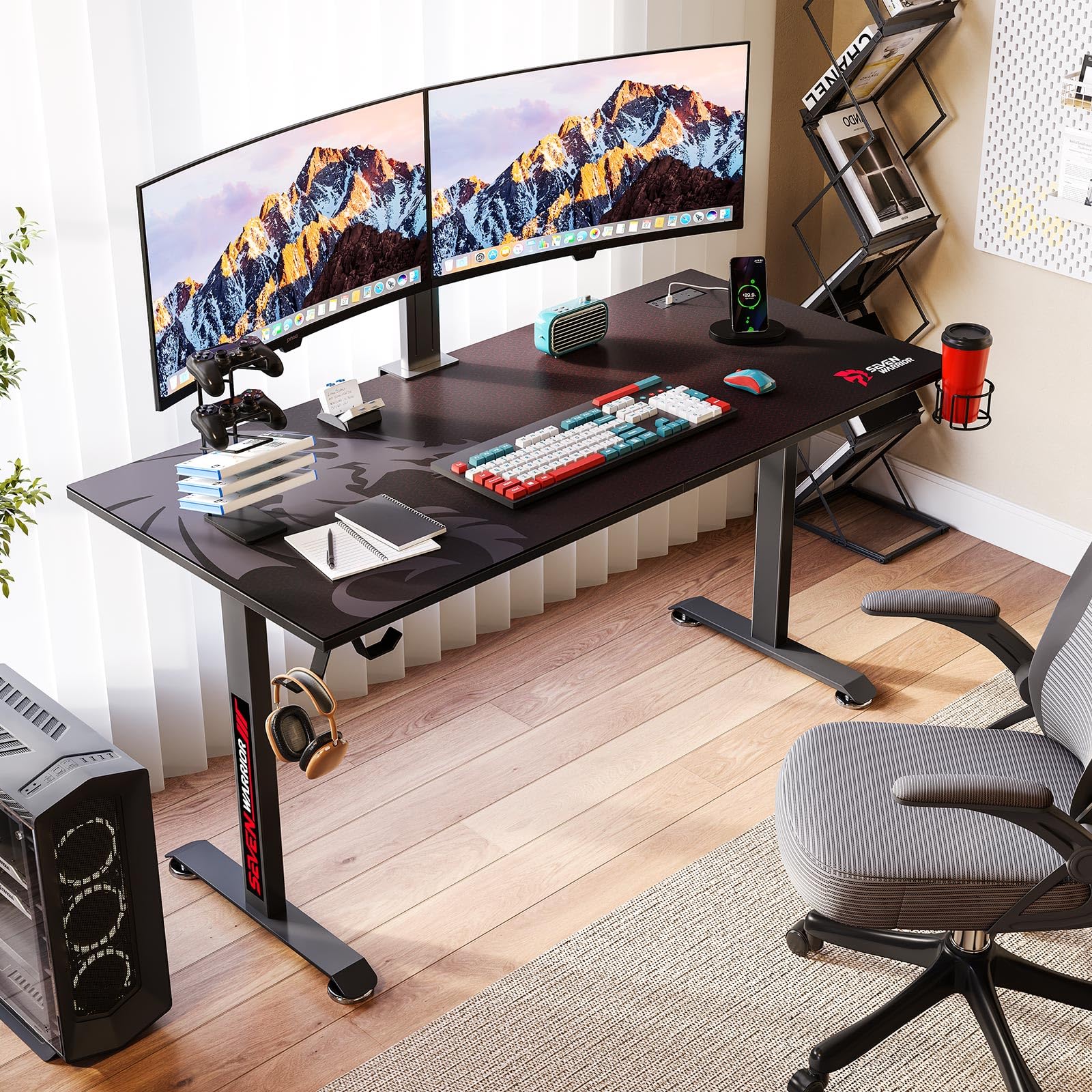 SEVEN WARRIOR Gaming Desk 60 INCH, T- Shaped Carbon Fiber Surface Computer Desk with Full Mouse Pad, Ergonomic E-Sport Style Gamer Desk with Double Headphone Hook, USB Gaming Rack, Cup Holder