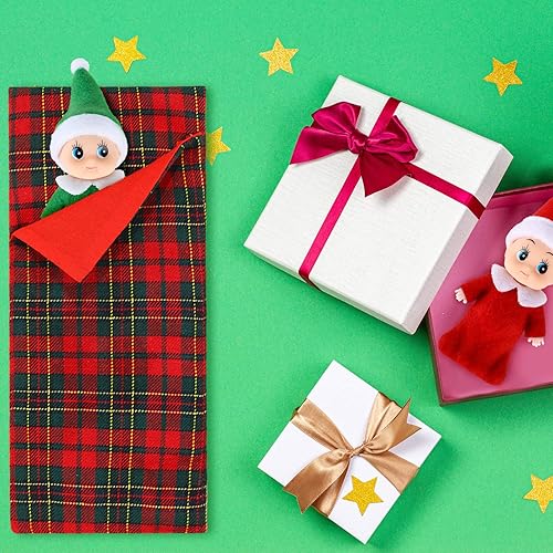 Miniatura 3 de Skylety 2 muñecas elfas navideñas para niños y niñas, mini gemelos y 2 bolsas de dormir de Navidad a cuadros rojos para decoración de Navidad